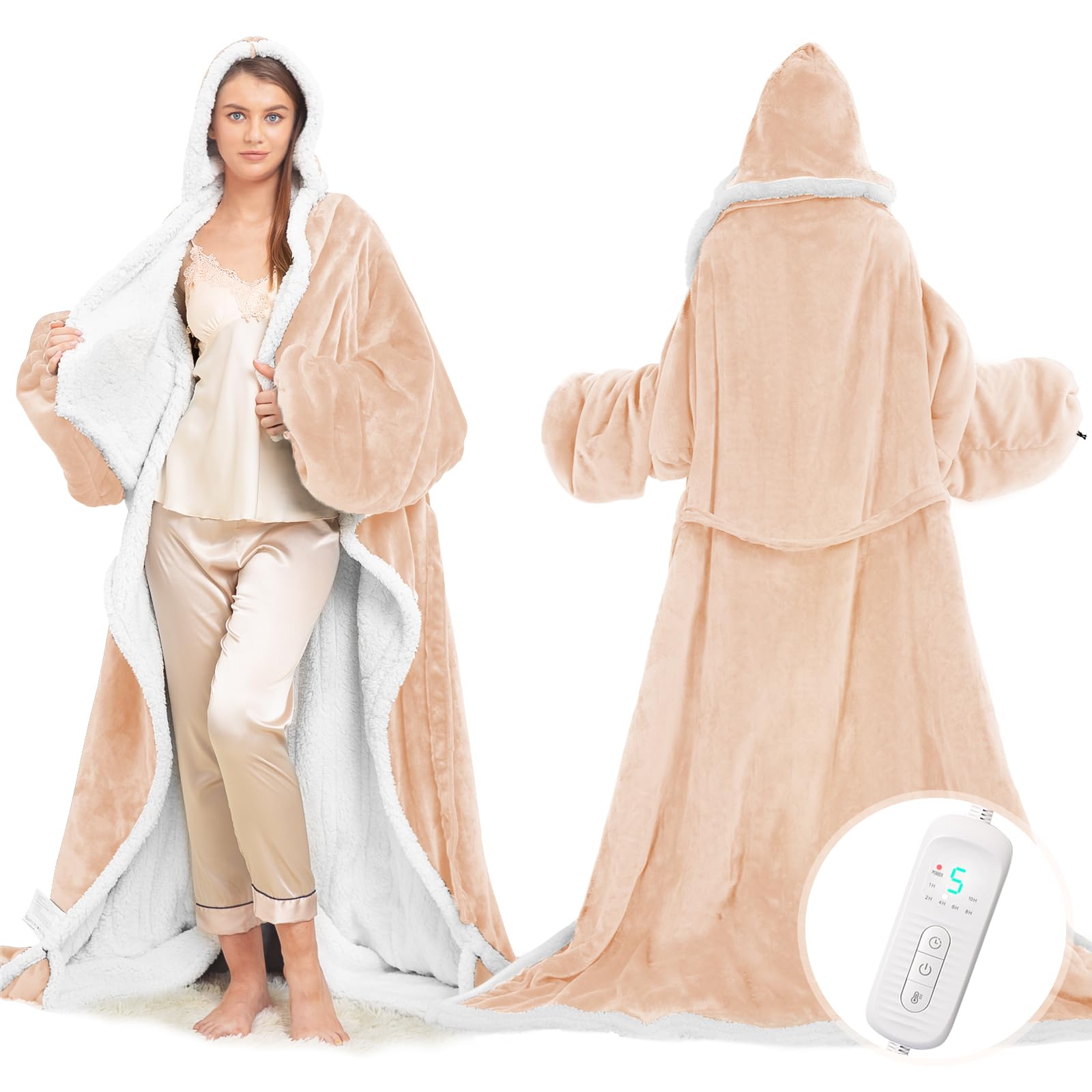 Wearable Heated Blanket with Foot Pocket, Electric Wearable Throw Blanket with Sleeves, Hood, Portable Heated Blanket with 8 Heat Settings, 1-10 Hours Auto Shut-off, Gift for Family, Friends, 50*70"