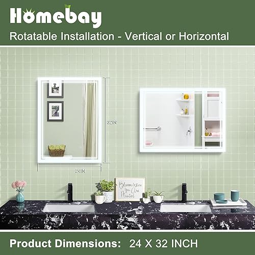 Miniatura 3 de Homebay Espejo de baño de 24 x 32 pulgadas con luz, espejo de baño regulable continuo, espejo de pared con luces delanteras y retroiluminación,