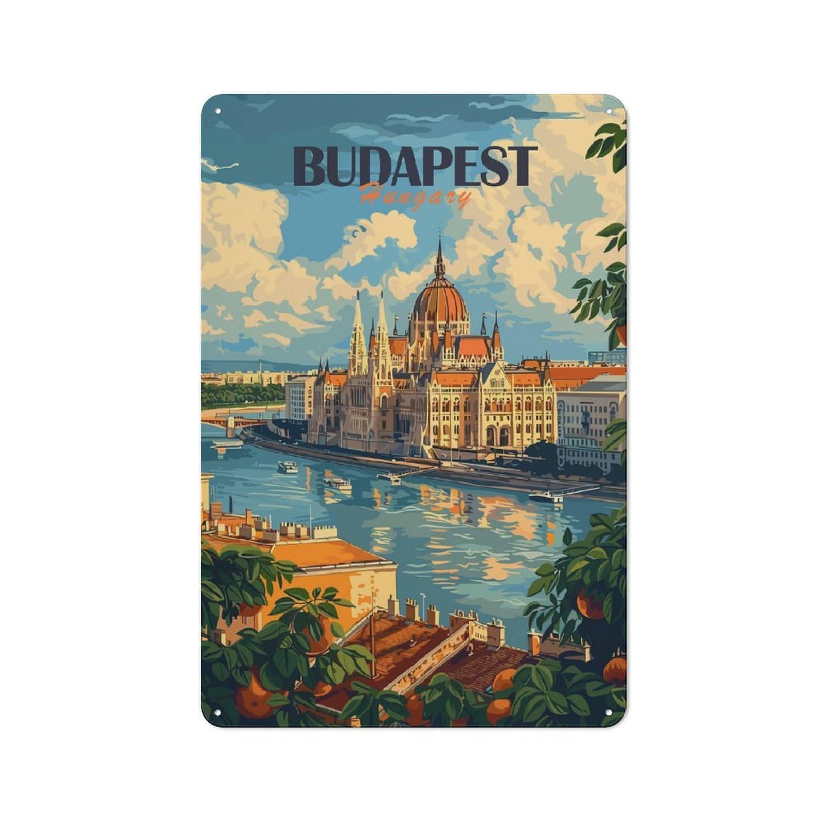 Understated Budapest Travel Metal Wall Plaque 30x20cm, Creative Space Decor for Office, Study, Studio Or Hallway