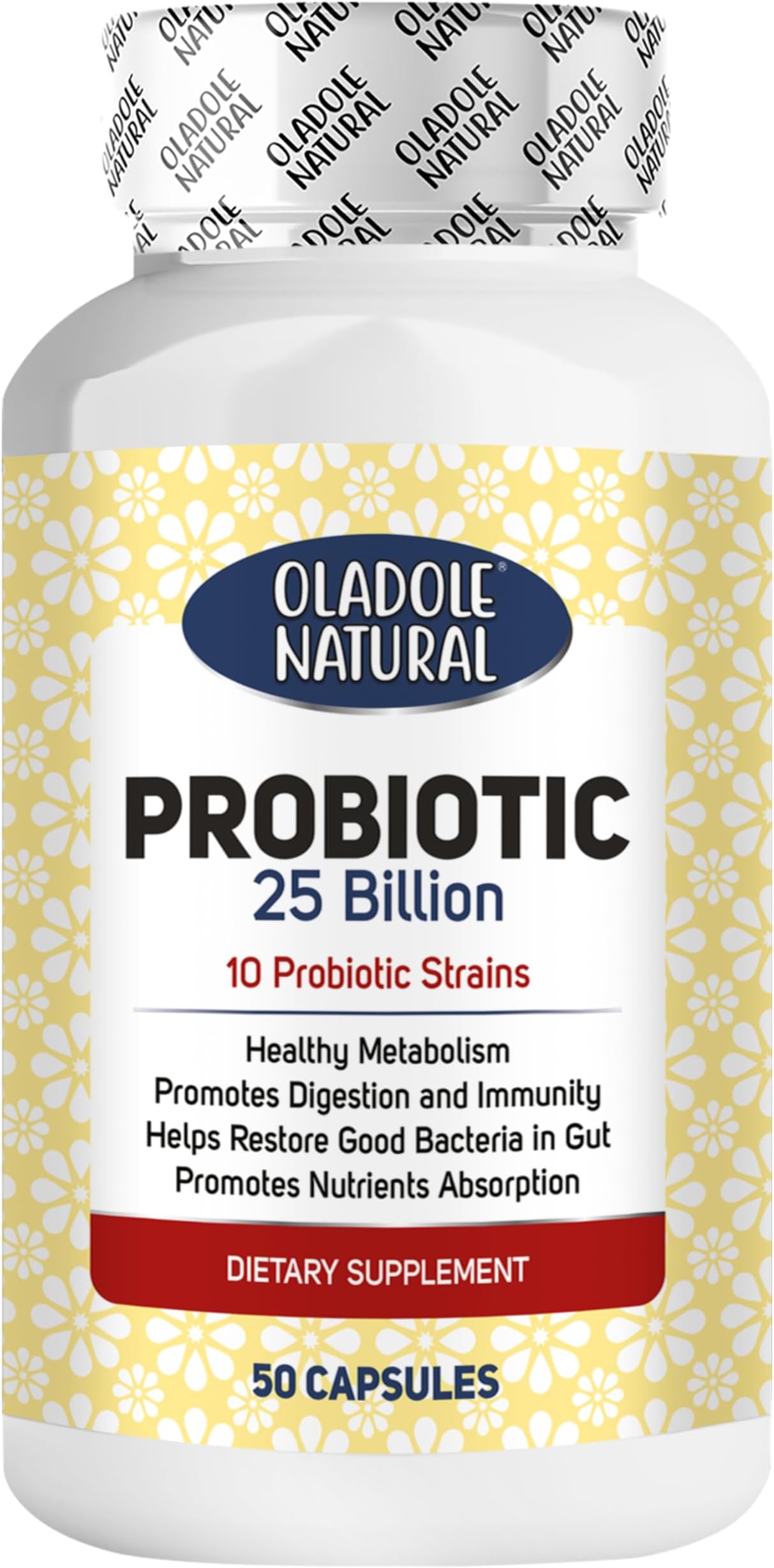 Oladole Natural Probiotic - 25 Billion CFUs, 10 Strains - 50 capsules | Gut Health and Immune Support | Digestive Balance Formula | Healthy Metabolism | High Potency Prebiotic and Probiotic Supplement