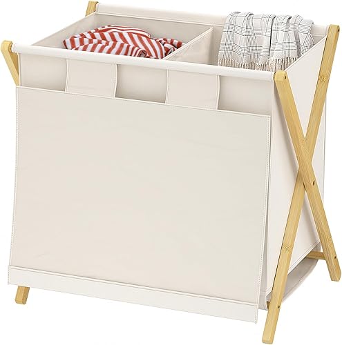 Hoiplu Cesta de lavandería doble con tapa, 125L (33 galones) dividida de tela Oxford con marco de bambú en forma de X, cesta de 2 secciones para