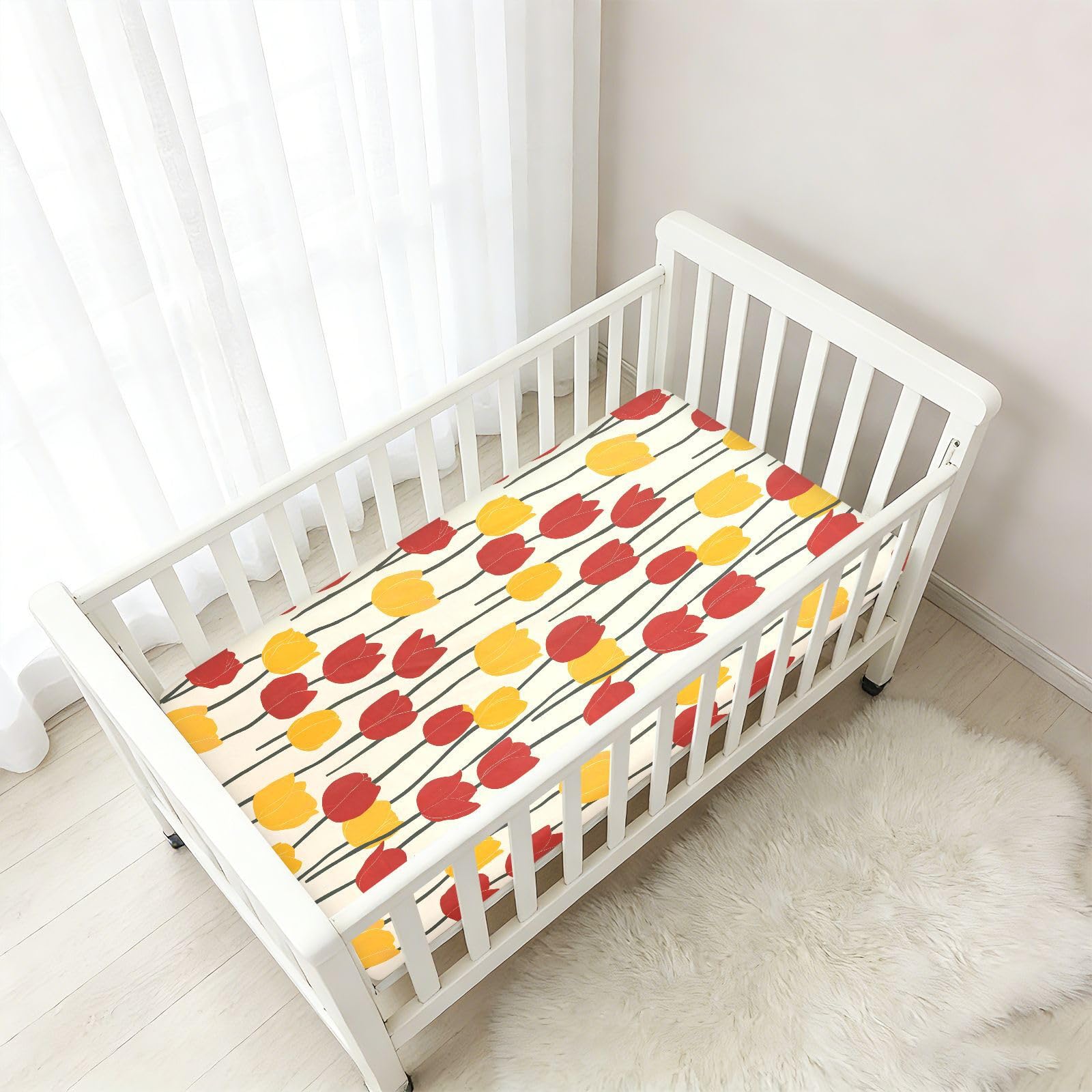 Drap-housse pour berceau de bébé motif tulipes rouges et jaunes pour garçons et filles, 71,1 x 132,1 cm