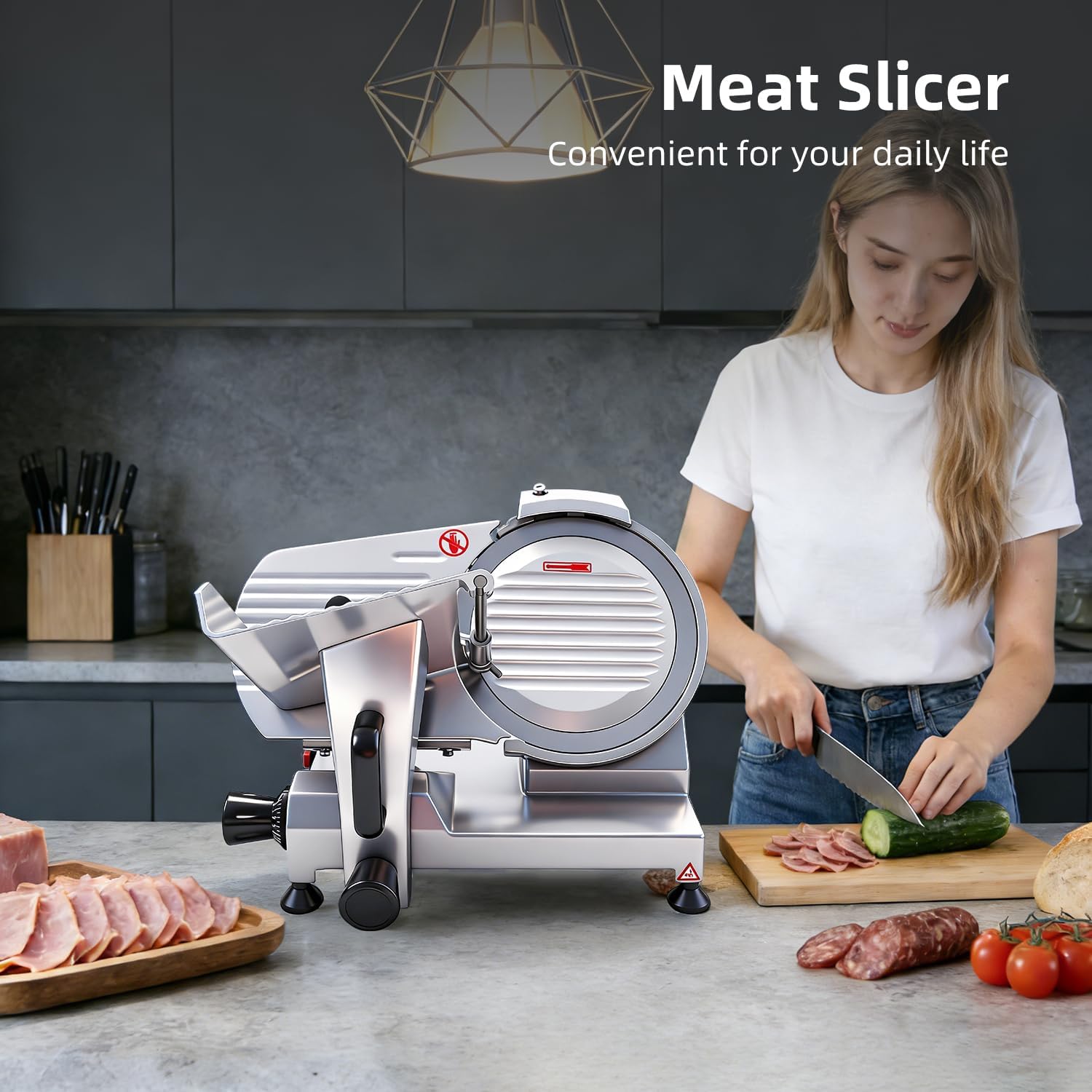 Commercial Meat Slicer, 12 inch 320W Frozen Meat & Deli Slicer, Premium Carbon Steel Blade with Built-in Sharpener, 0-0.6 inch Adjustable, Semi-Auto for Commercial and Home Use