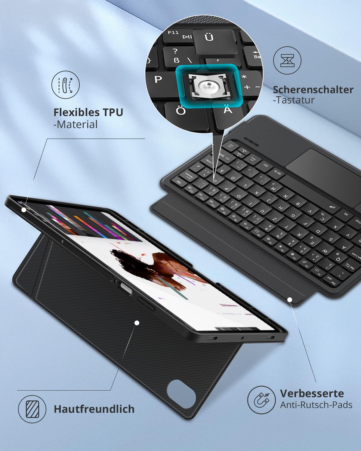 CACOE Hülle mit Tastatur für Samsung Galaxy S11 2025 11 Zoll (SM-X730/X736B) mit Touchpad, 7-Farbige Beleuchtung Abnehmbare Kabellose Ultraleichte Tastatur, Schwarz