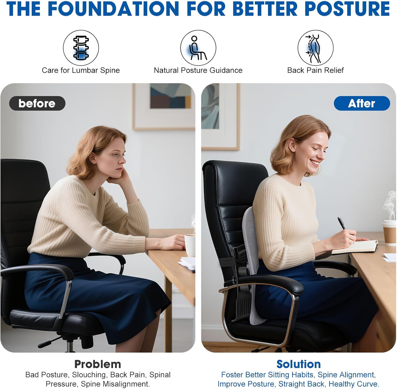 Lumbar Support Pillow for Office Chair & Car – Ergonomic Twin-Panel Design to Relieve Lower Back Pain, Improve Posture, and Provide Sciatica Relief