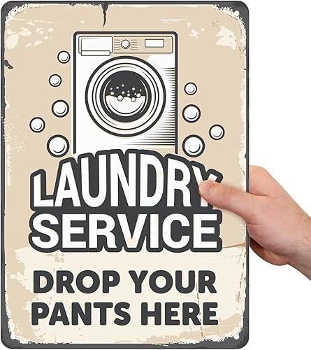Miniatura 7 de SmartSign Letrero de metal vintage con texto en inglés "Laundry Service Drop Your Pants Here", 14 x 10 pulgadas, aluminio laminado a prueba de óxido