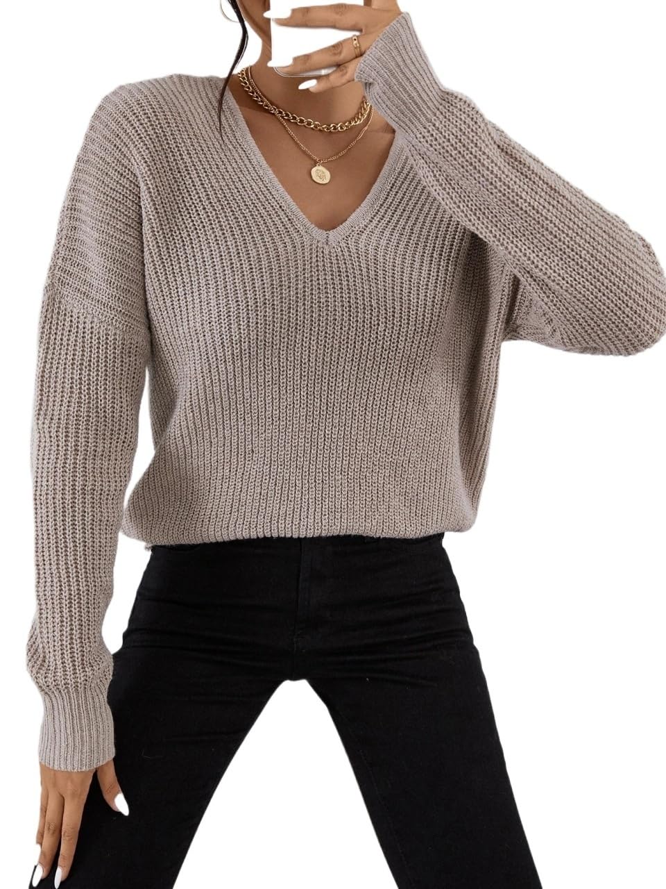 2025 Pullover Sweaters for Women V Neck Drop Shoulder Sweater