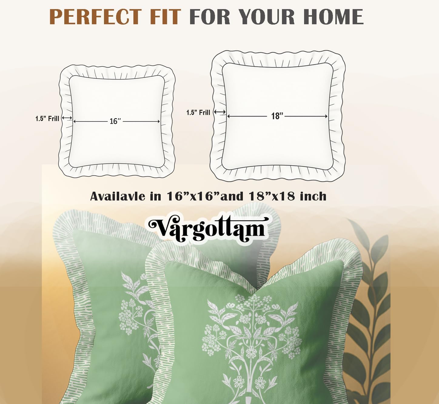 Cotton Twill Frill Cushion Covers 16 Inch Square, Set of 2, Reversible Print, Farmhouse Throw Pillow Covers with Hidden Zipper - Floral Pattern