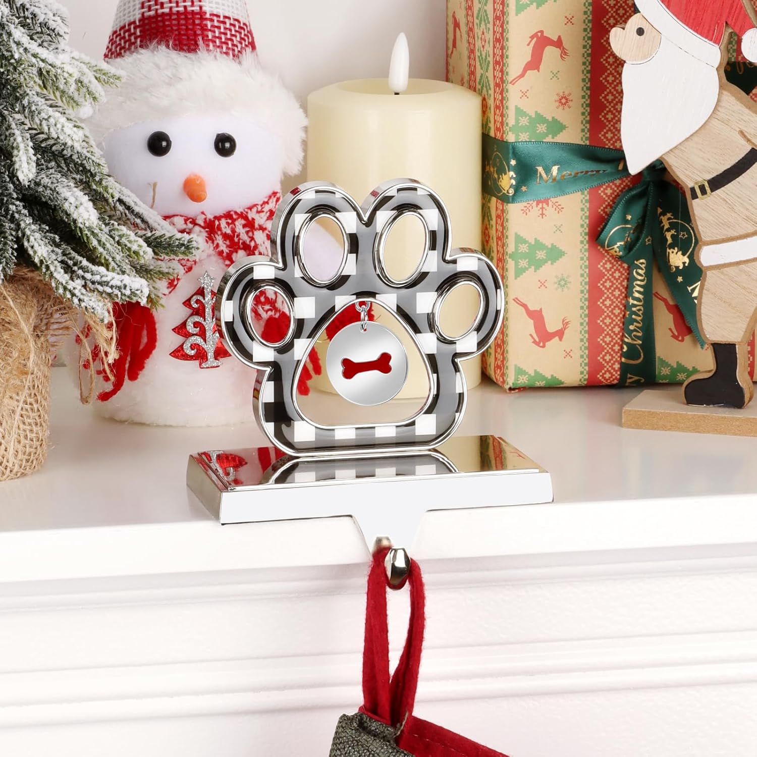 Hooqict Dog Paw Christmas Stocking Holder with Pendant Silver Metal Pet Paw Stocking Holder Christmas Stocking Hanger for Xmas Fireplace Mantel Table Decorations