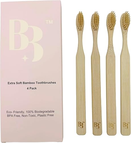 BIJOU BIJOU - Cepillos de dientes de bambú (paquete de 4)  Extrasuaves, sin BPA, alternativa de plástico, 100% biodegradable, suave para las encías,