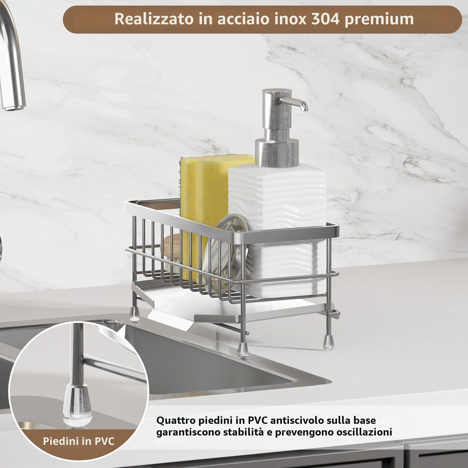 PAVSTINE Porta Spugne Lavello Cucina in 304 Acciaio Inox, Portaspugne per Lavello con Raccogli Gocce Scolapiatti Rimovibile, Portaoggetti Spugne per Cucina Appoggio, Kitchen Organizer Facile da Pulire