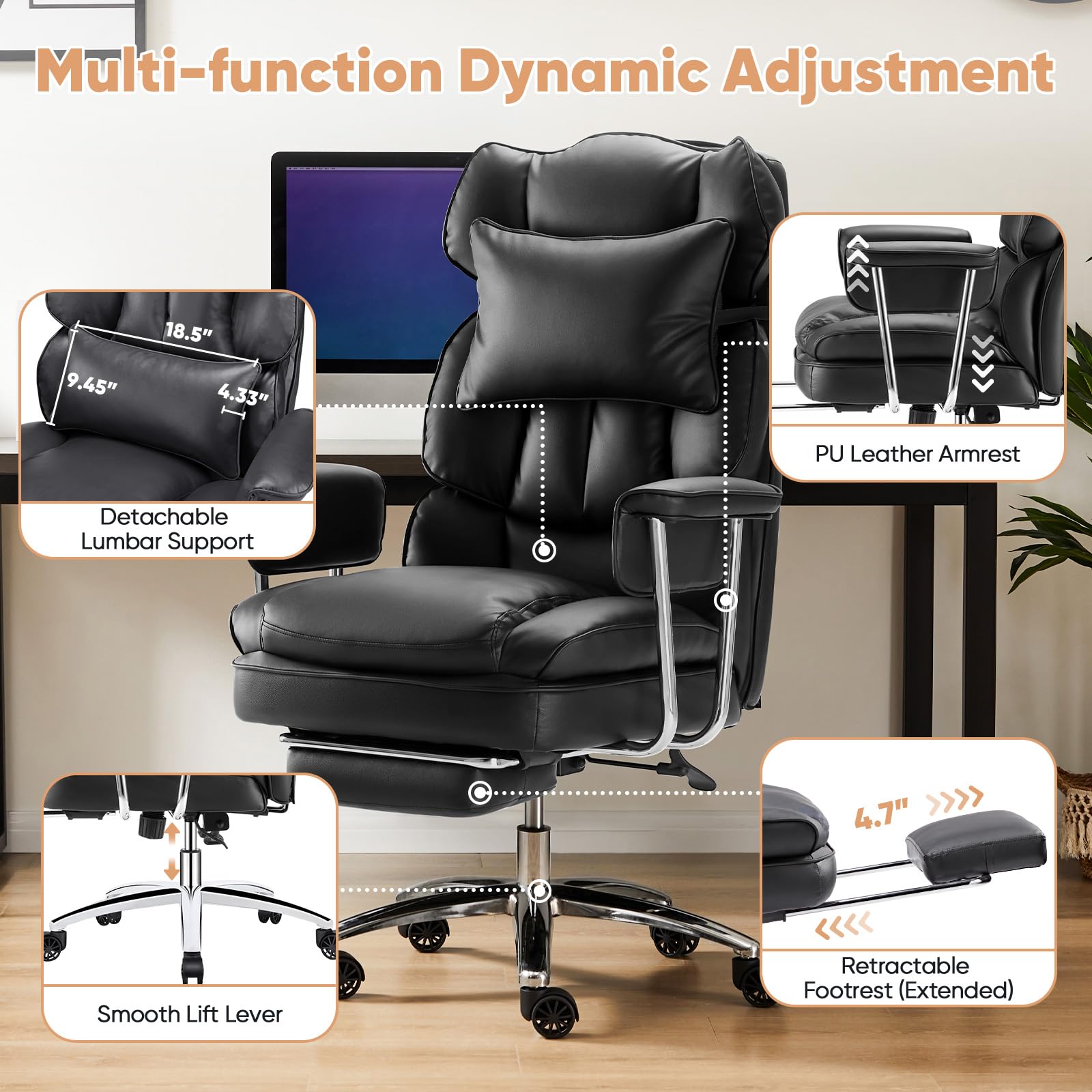 Sweetcrispy Chefsessel für Heimbüro, ergonomisch, groß, hohe Rückenlehne, mit Fußstütze und Lendenwirbelstütze, höhenverstellbar, bequemes PU-Leder, Computer-Gaming mit drehbaren Rädern, Schwarz