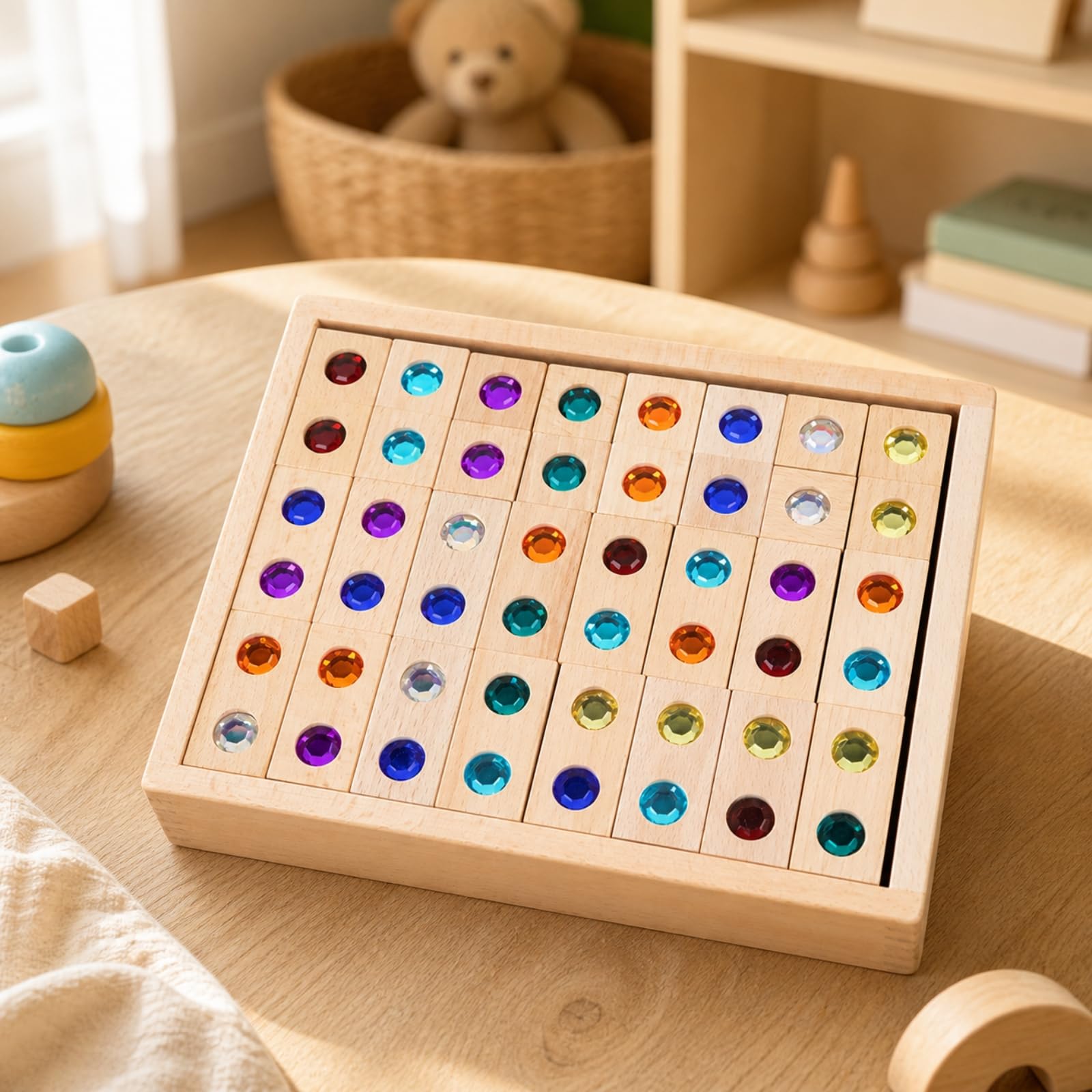 128 Pezzi Set di Costruzioni Sensoriali | Colorato, Blocchi di Faggio con Inserti Gemmati, Non Verniciato, Giocattolo Educativo, per Aula Scolastica