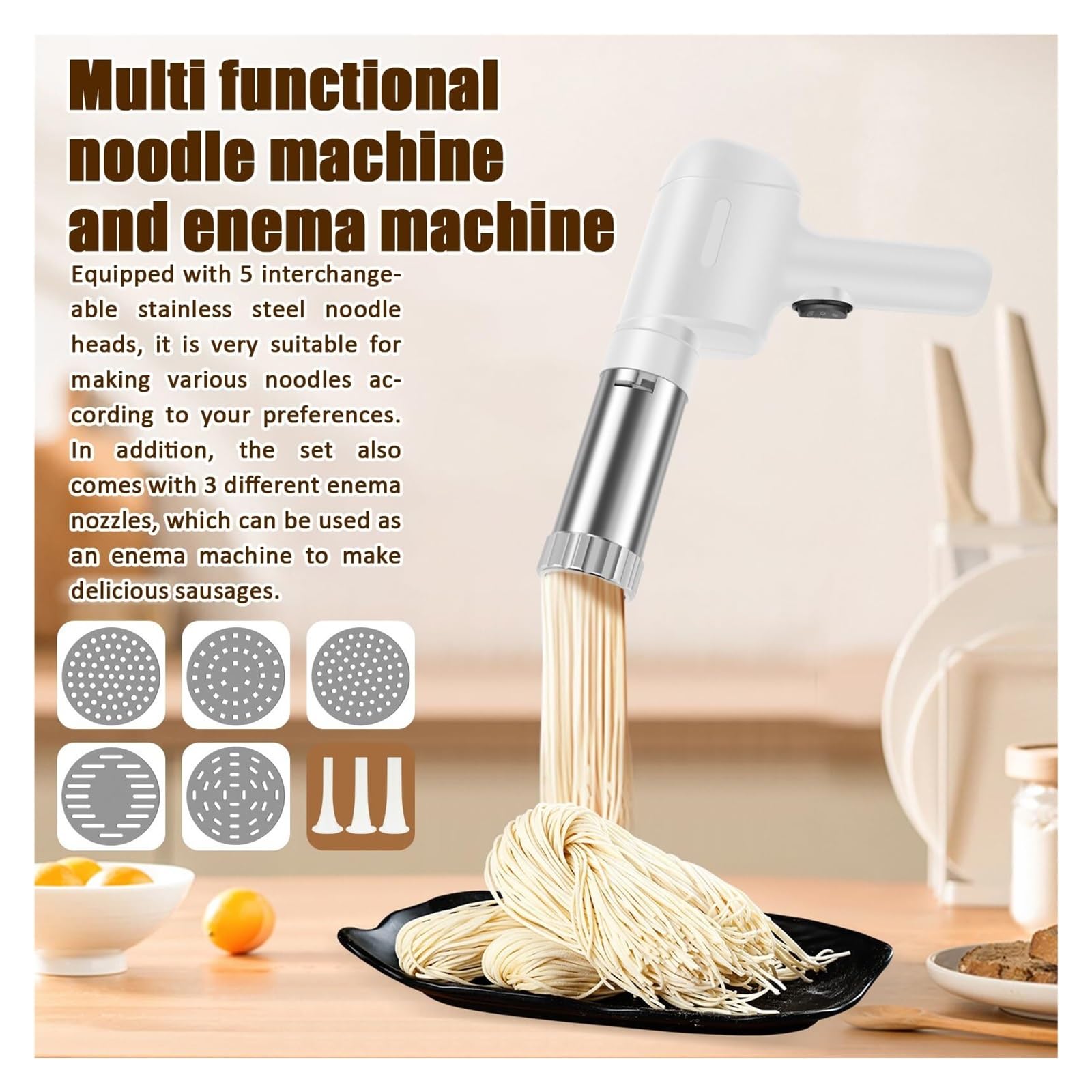 Handheld Electric Pasta Maker,Portable Automatic Pasta Maker, Homemade Spaghetti Maker,Automatic Noodle Press Machine, With 5 Interchangeable Noodle Making Molds