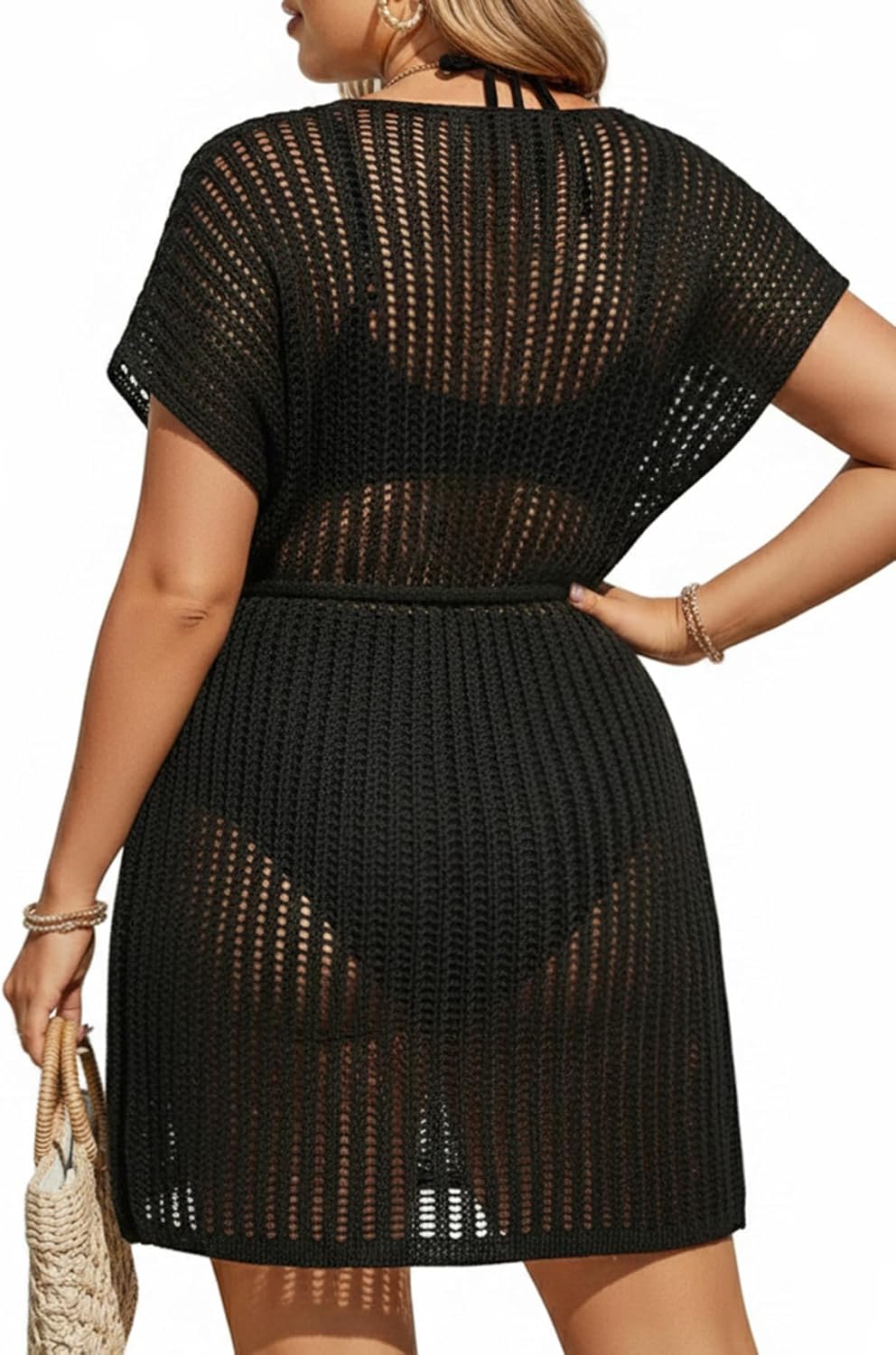 Plus Size Swimsuit Cover Up Women - Crochet Beach Romper Knit Bathing Suit Short Sleeve V Neck Swimwear Coverup Dress