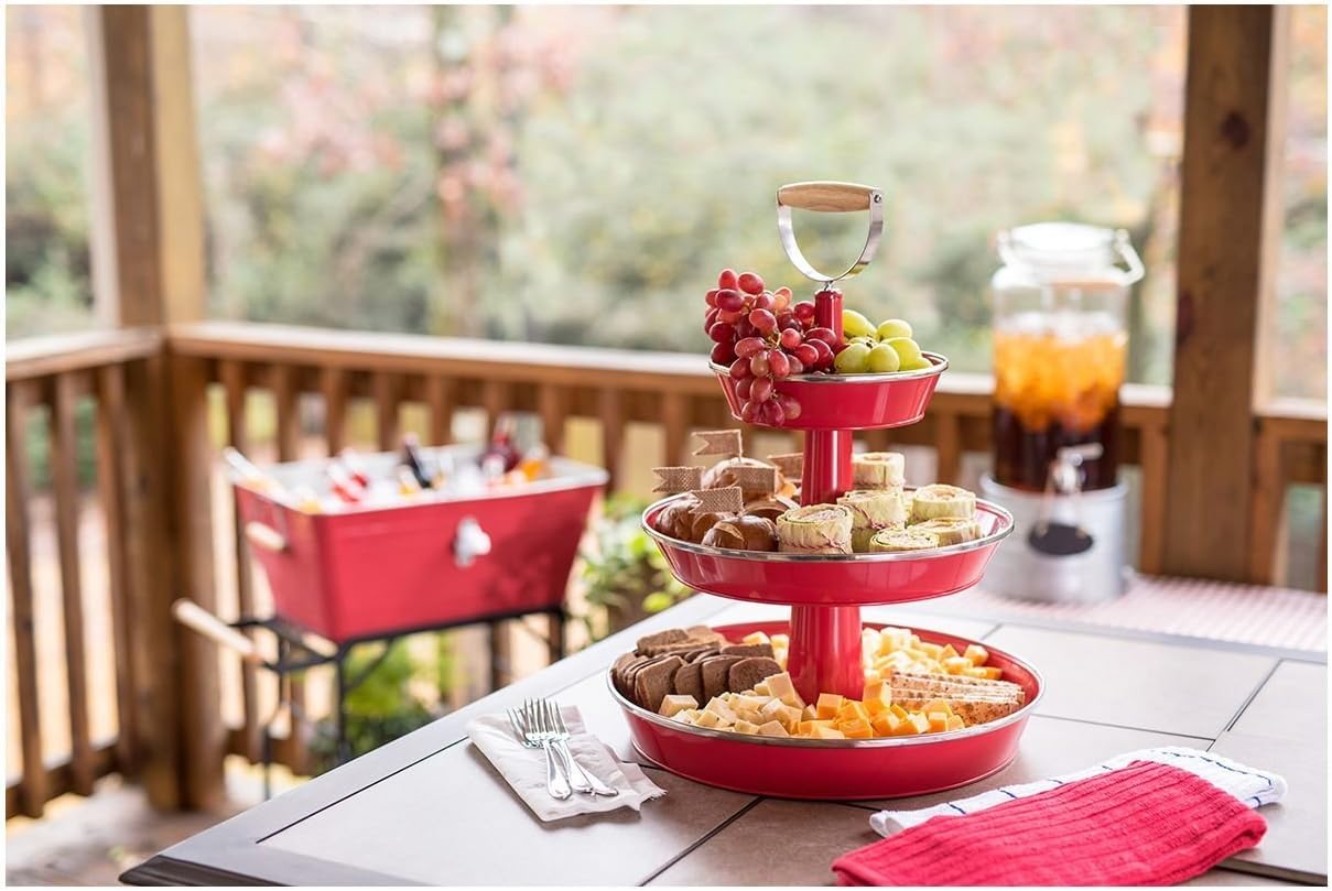 Enameled Galvanized 3 Tier Collapsible Server with Wood Handle & Food Safe Steel (Red)