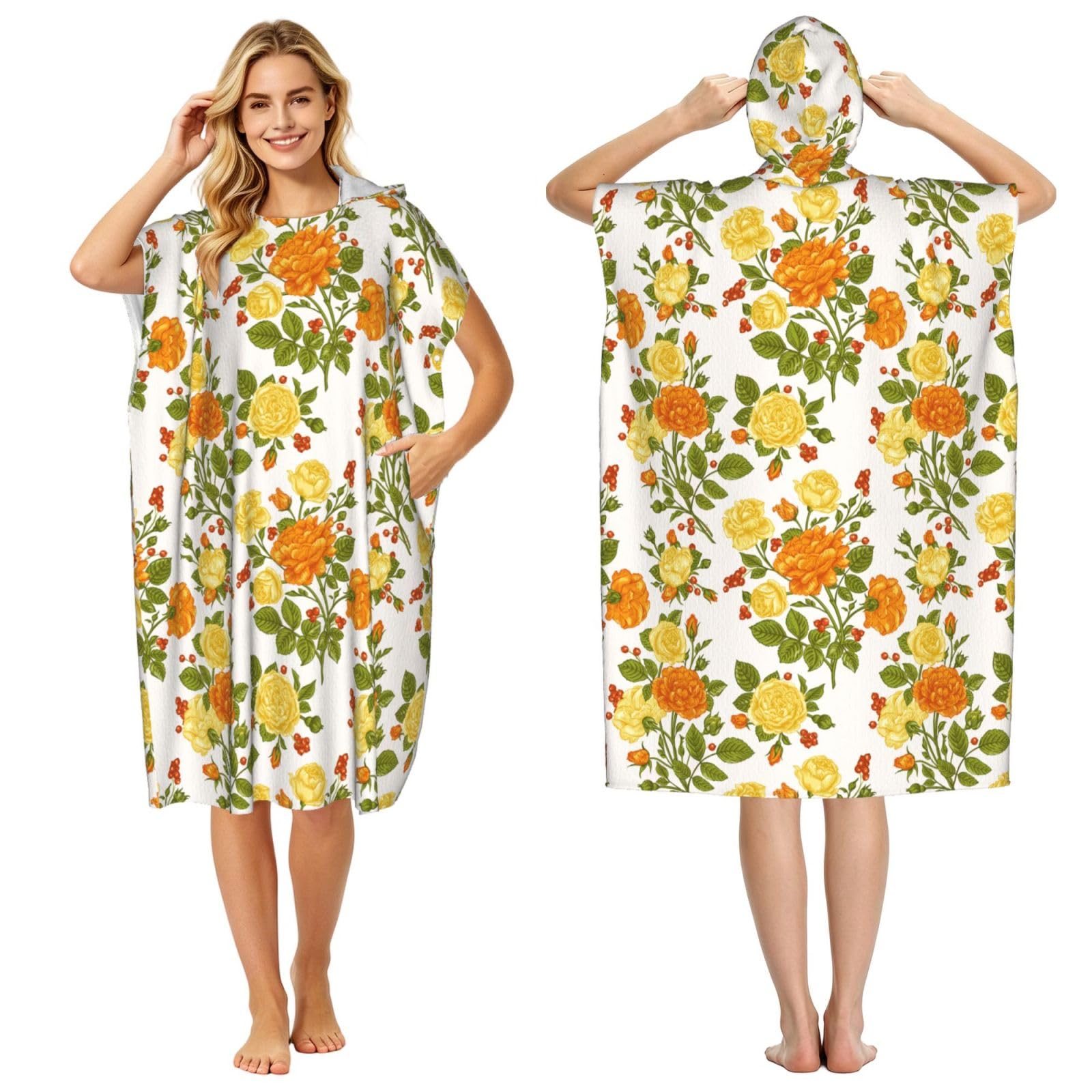 Poadnly Yellow Flower Peony, Adult Hooded Beach Towel 90 x 110 cm,Changing Bath Robe, Surf Poncho Towel For Women Men