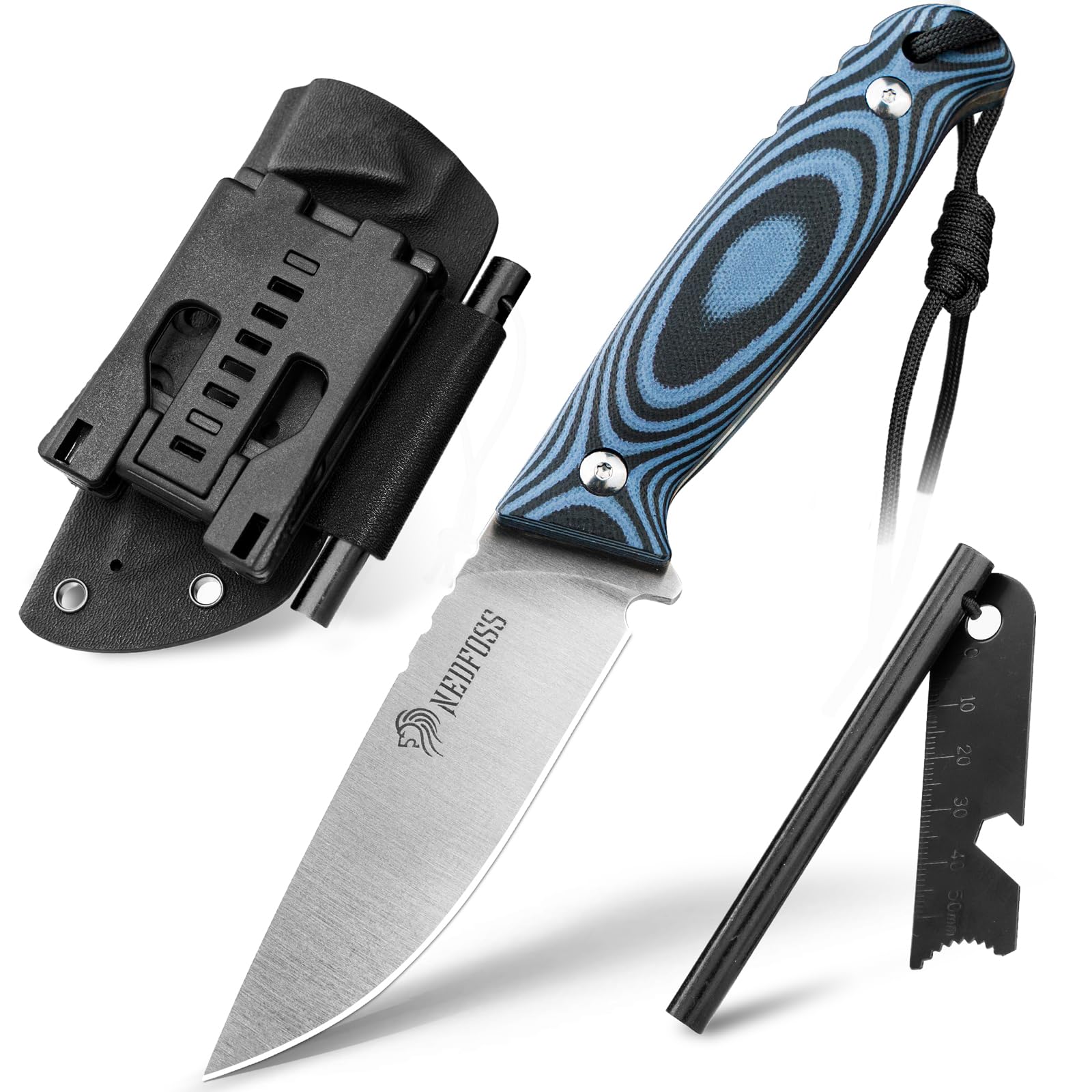 NedFoss Outdoor Messer mit Kydex Holster, Bushcraft Messer 9cm Klingenlänge | Fulltang Jagdmesser Fahrtenmesser, scharfes rutschfestem G10 Griff, Schwarz