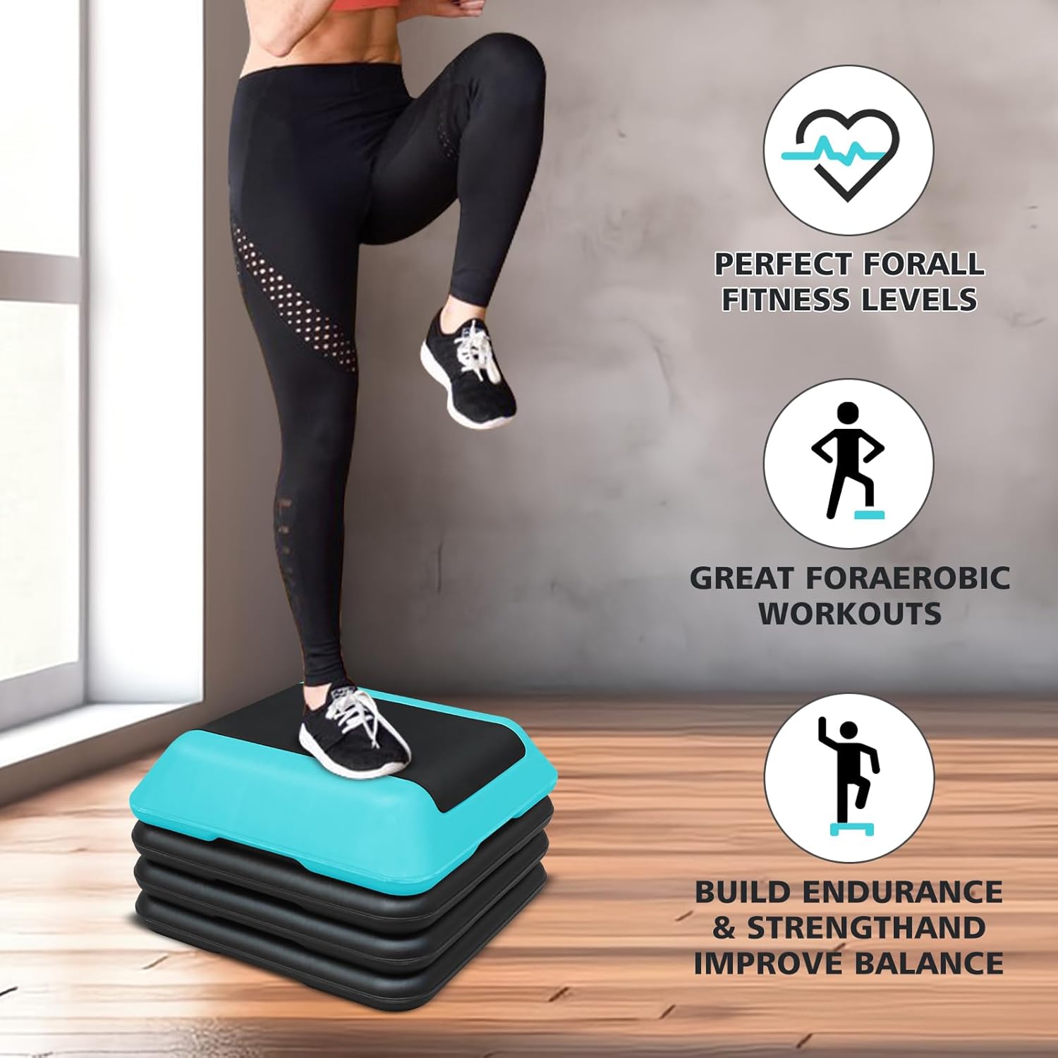 16"x16" Exercise Aerobic Step Platform with 4 Risers, Adjustable Height 4"-6"-8"-10"-12" Workout Stepper for Home Gym Fitness Strength & Training