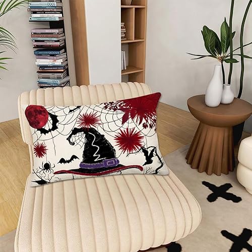 Miniatura 5 de Fundas de almohada con sombrero de bruja de Halloween de 12 x 20 pulgadas, diseño floral rojo y negro, tela de araña, decoración de Halloween,