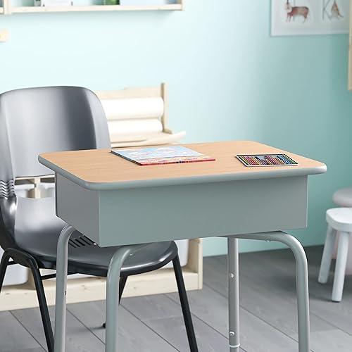 Miniatura 31 de EMMA + OLIVER Buckley - Escritorio para estudiantes, parte superior con acabado de granito sintético gris, marco de metal plateado, caja frontal
