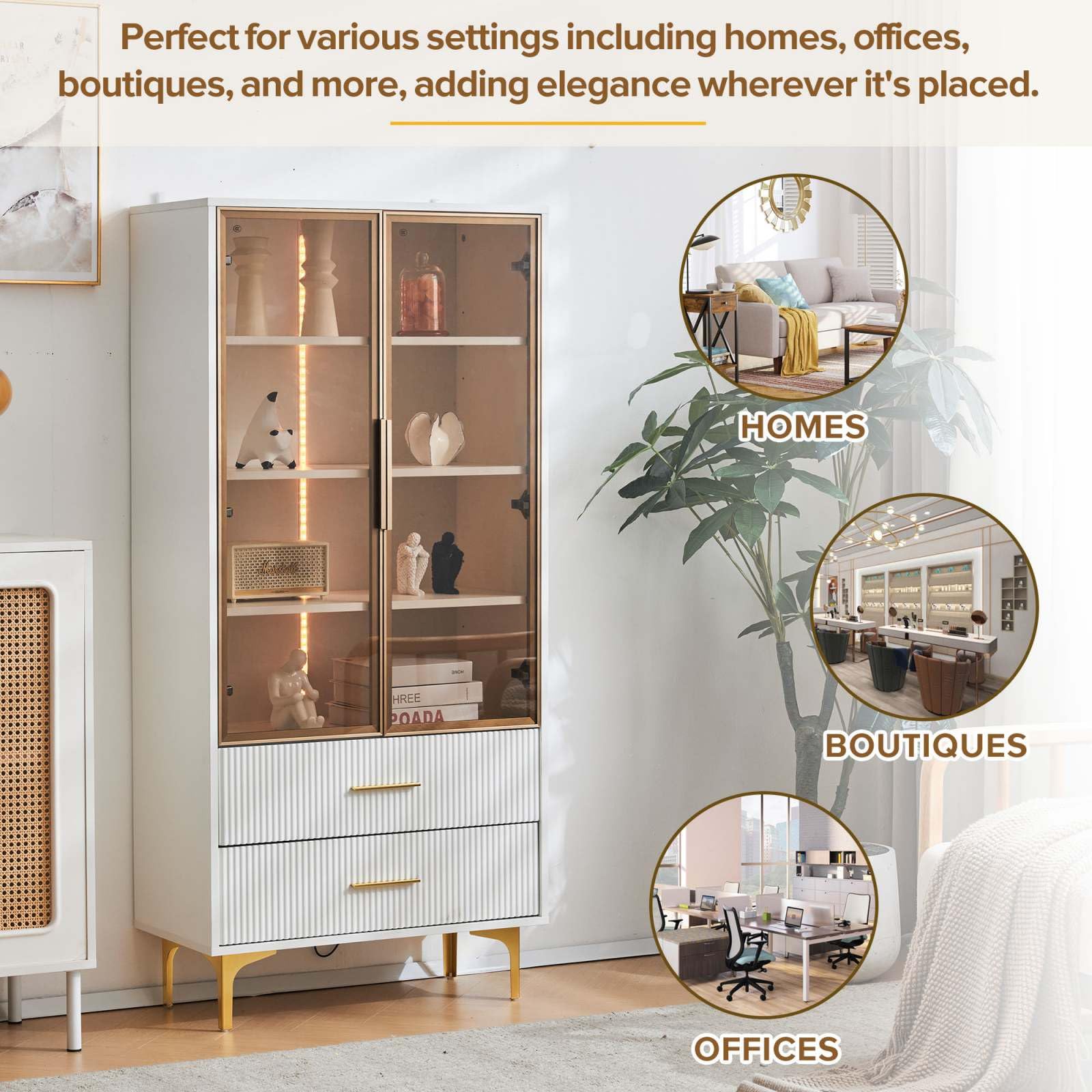 PUGSDRLY Armoire de Vitrine avec Lumières LED,Armoire Chambre avec Porte en Verre,Bibliotheque,Moderne Meubles de Rangement avec Tiroirs pour Cuisine Salon et Bureau,Blanc (B)