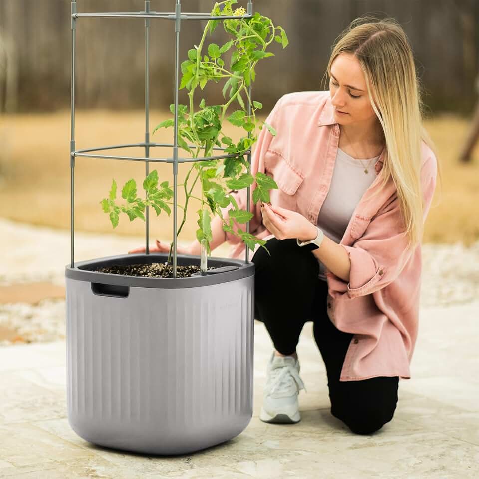 Vego garden Planters for Outdoor &amp; Indoor Plants, Large Plant Pots with Self Watering, 15" Tall Large Plant Pots with Trellis for Flowers Plants Decor, Fog Gray