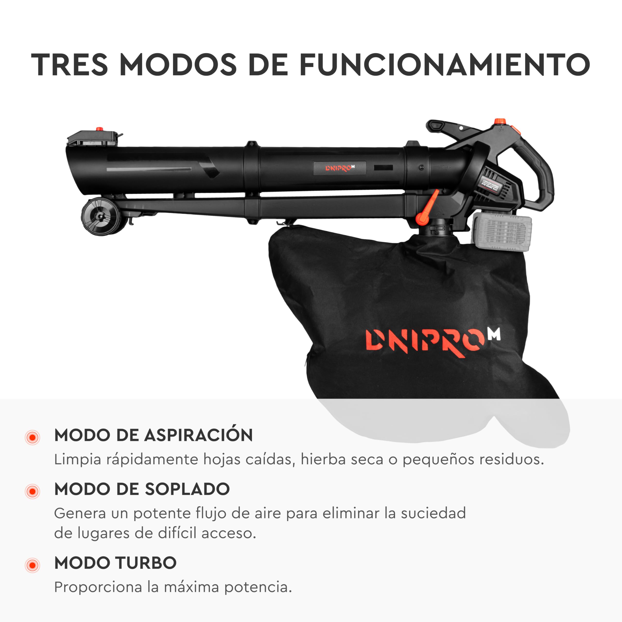 Aspirador Soplador de Jardín Inalámbrico DVB-200BC Dual 20V Brushless - Aspirador, Soplador y Triturador de Hojas 15:1-2 Baterías 4Ah y Cargador Dual - Bolsa 45L - por Dnipro-M