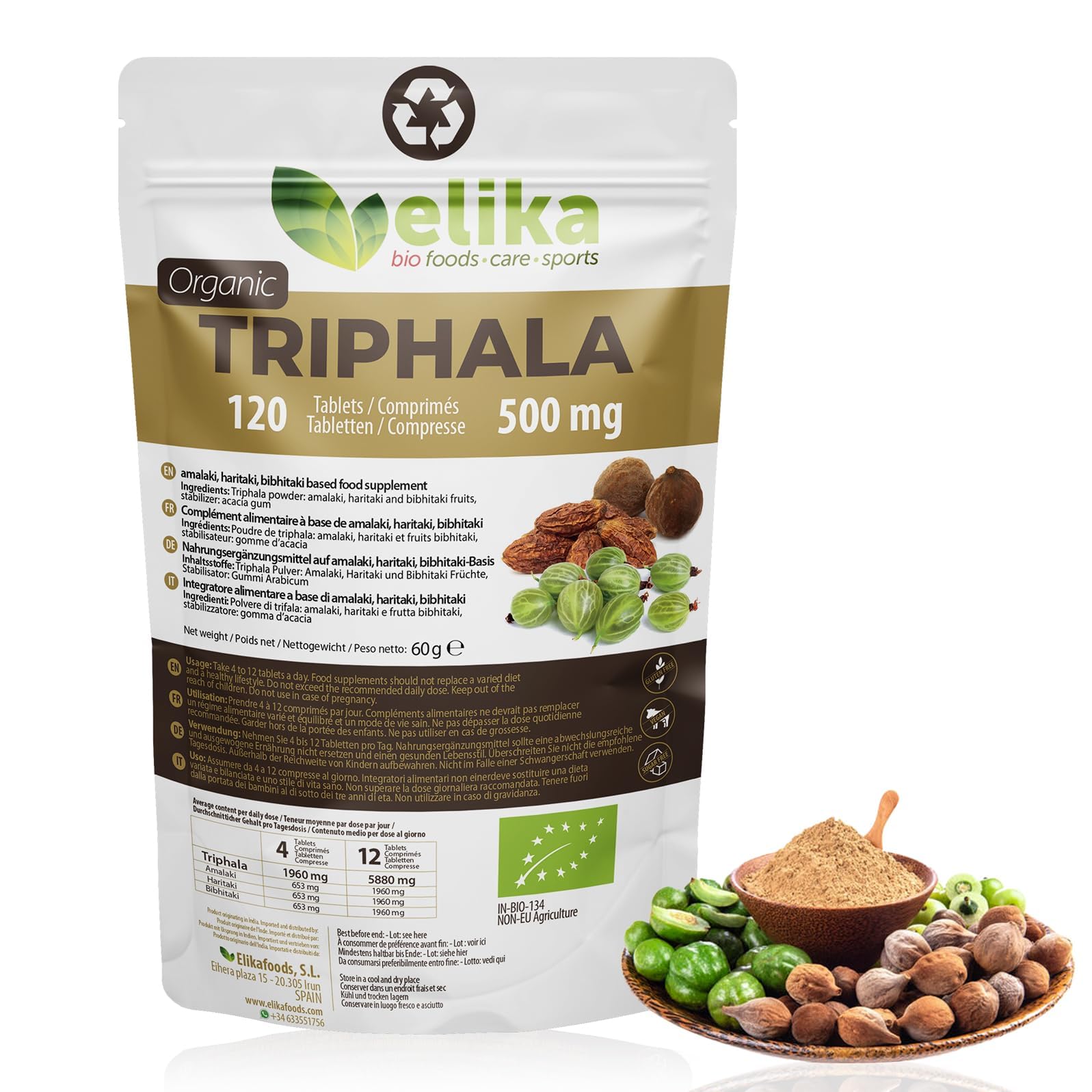 Triphala BIOLOGICO di Elikafoods®. Depurativo e disintossicante naturale. Integratore naturale per la pulizia del colon. Compresse naturali per la stitichezza intestinale - 120 compresse da 500 mg.