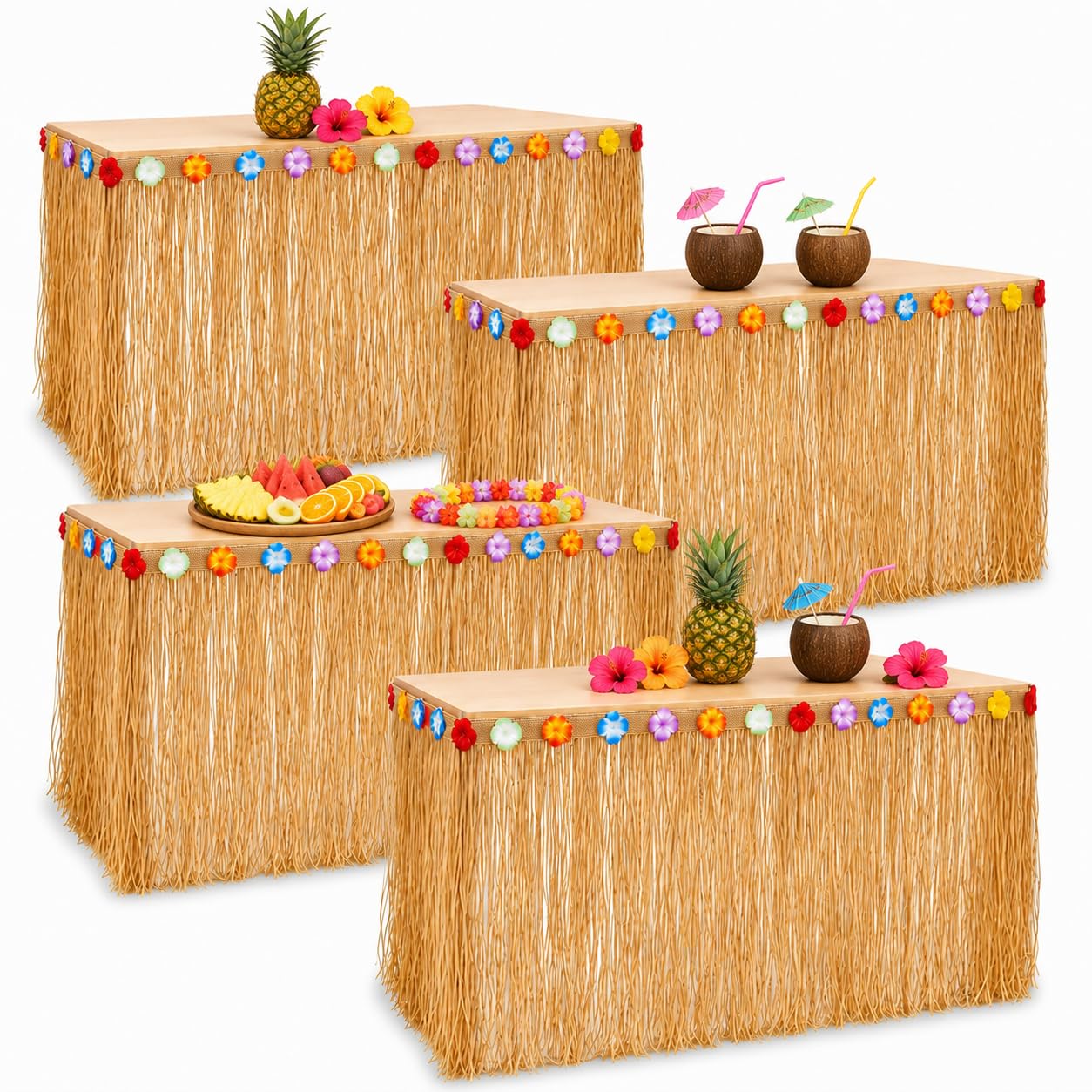 Playbees Luau - Falda de mesa de hierba hawaiana, paquete de 4, 9 pies x 29 pulgadas, auténticas decoraciones de fiesta de isla con flores de hibisco, para cumpleaños de niños y adultos, eventos