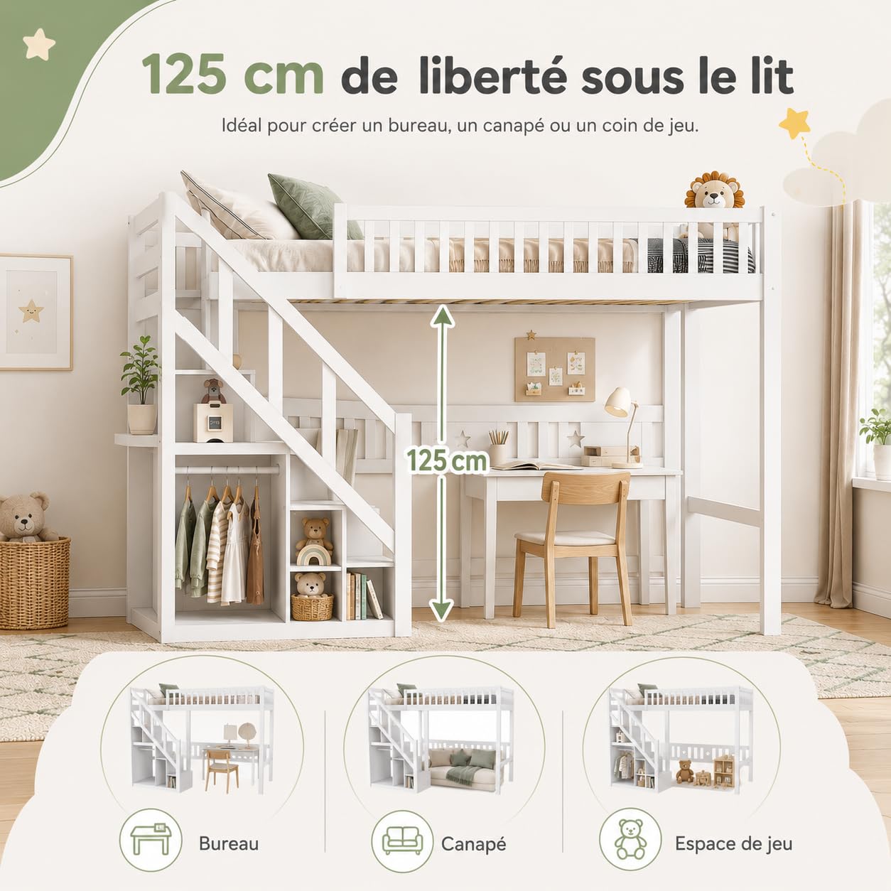 Lit superposé, pour enfant, 140 x 200 cm, en bois, avec espace de rangement, pour 2 enfants, 140 x 200 cm, avec escalier et sommier à lattes, avec protection contre les chutes, sans matelas