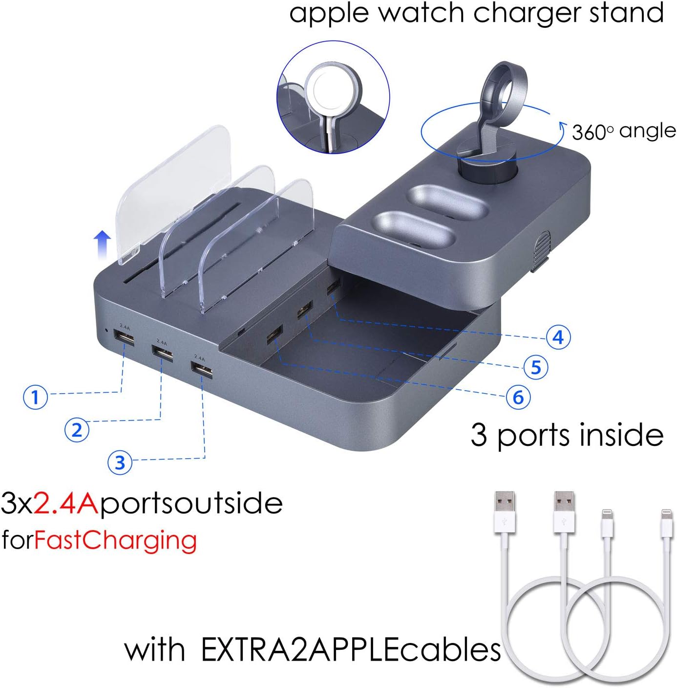 New Arrivals KeyEntre 6 Port USB Charging Station for Multi Device USB Charging Dock Station HUB Desktop Charger Stand Organizer Compatible with iPhone iPad Cell Phone Tablets (Include 3 Short Cable)