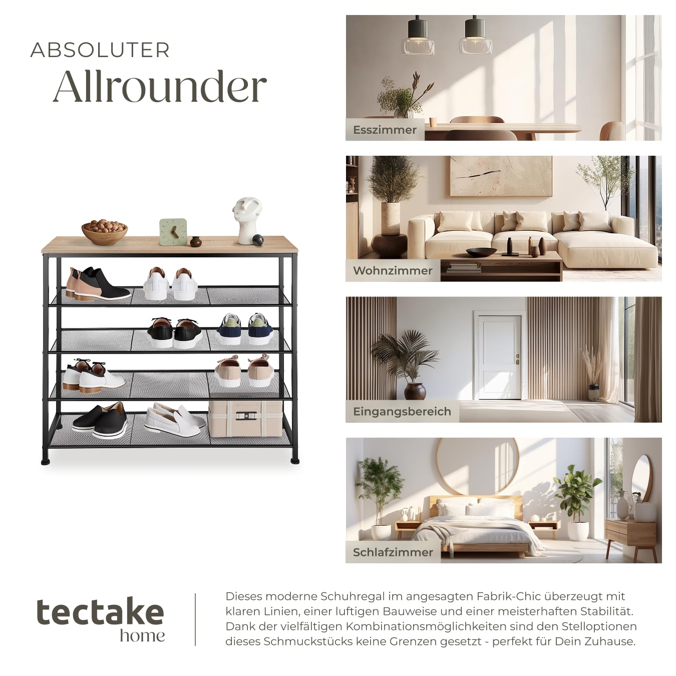 tectake® Schuhregal schmal mit Ablagefläche, Schuhbank 5 Ebenen, 4 Gitterablagen, Schuhregal platzsparend 100 x 30,5 x 93 cm, Flur Regal, Schuhschrank, Garderobe (Industrial Holz hell, Eiche Sonoma)