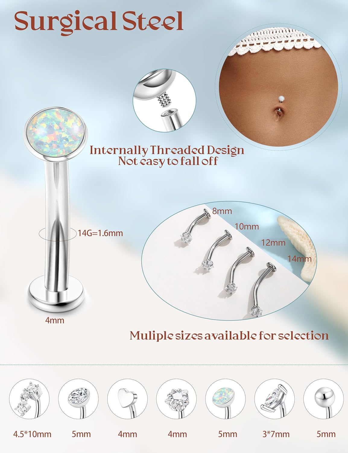 ORAZIO 7 Pcs Belly Button Ring Surgical Steel Hypoallergenic Floating Belly Button Rings for Women Flat Back CZ Opal Internally Threaded Long Bar Navel Piercing Jewelry 14G Gold Silver Tone - Image 4