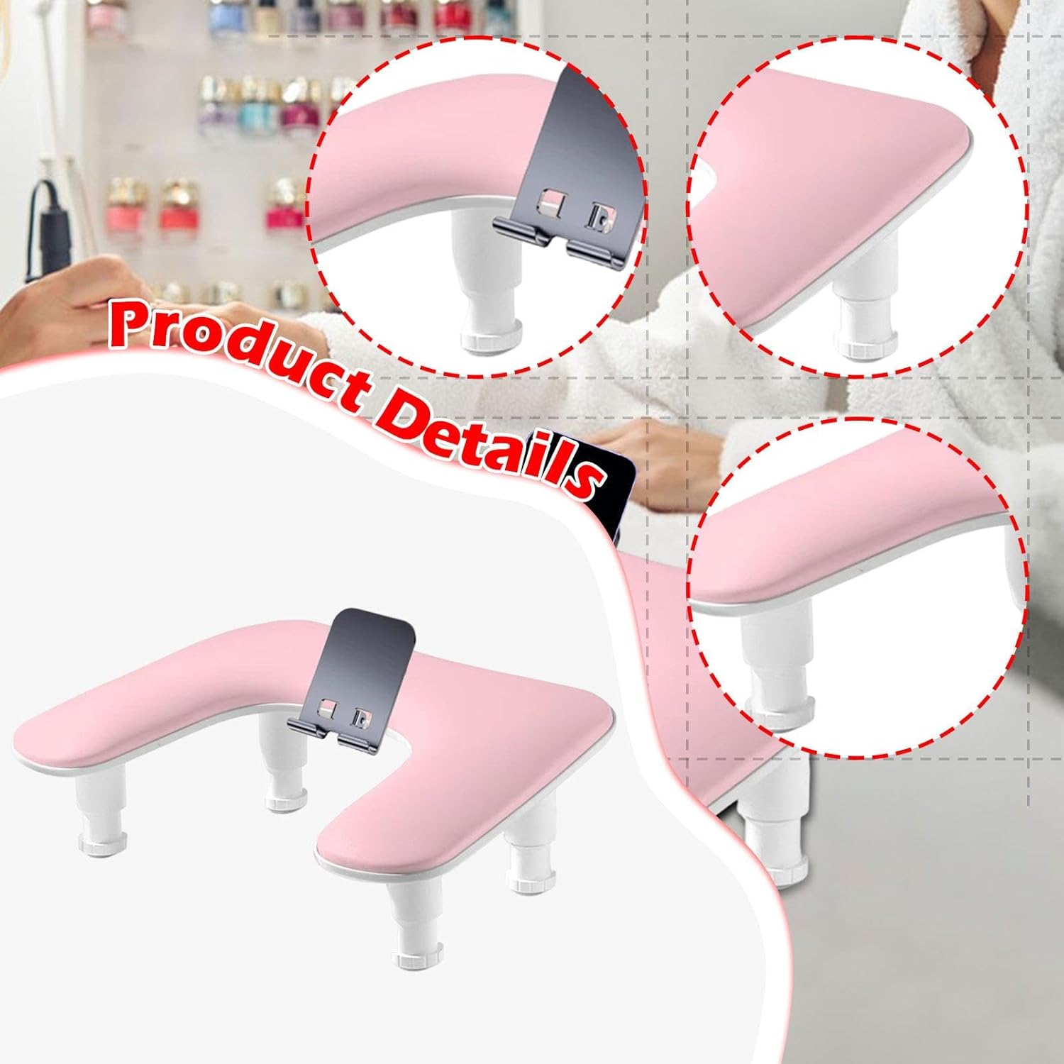 Generic Nail Arm Rest Cushion PP Hand Rest Stand Adjustable Height Manicure Tool with Phone Holder Spacious Design Suitable for Salon, Pink