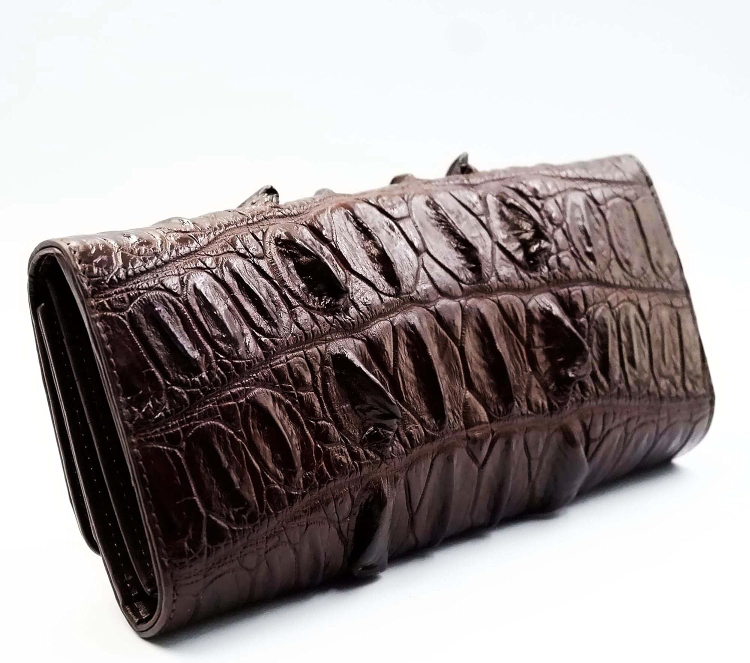 New Brown Genuine Crocodile Leather Black Tail Skin Women Tri-Fold Clutch Wallet Purse.