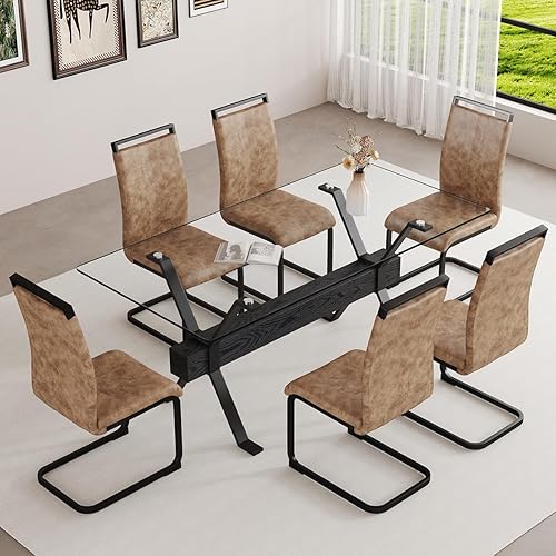 Miniatura 41 de Juego de mesa de comedor de cristal de 71 pulgadas para 6 personas | Juego de mesa de comedor moderno para 6 con sillas de piel sintética | Mesa de