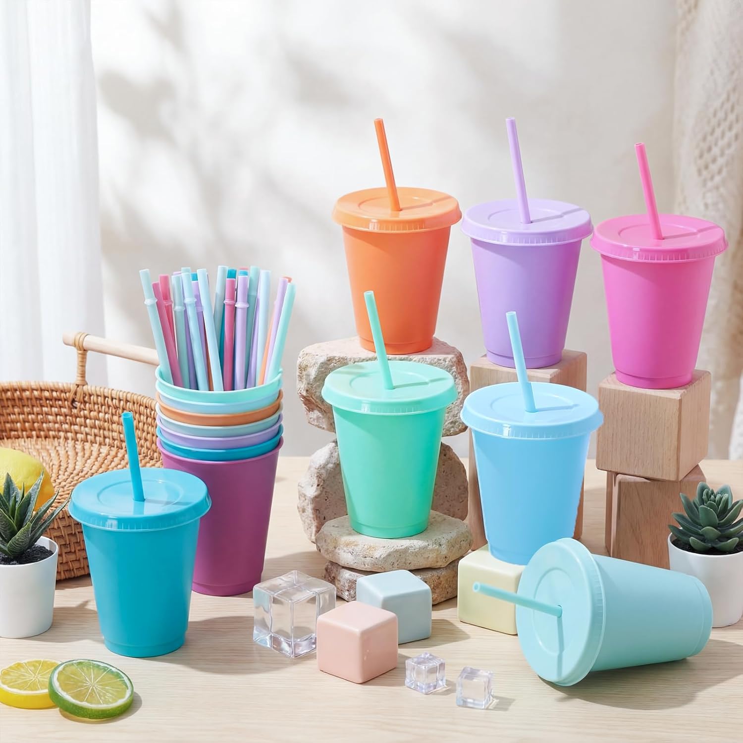 Sieral 30 Pack Cups with Lids and Straws Kids Tumbler with Straw Reusable Water Bottle Iced Coffee Travel Mug Adults Plastic Cups for Parties 16 oz (Macarons Colors)