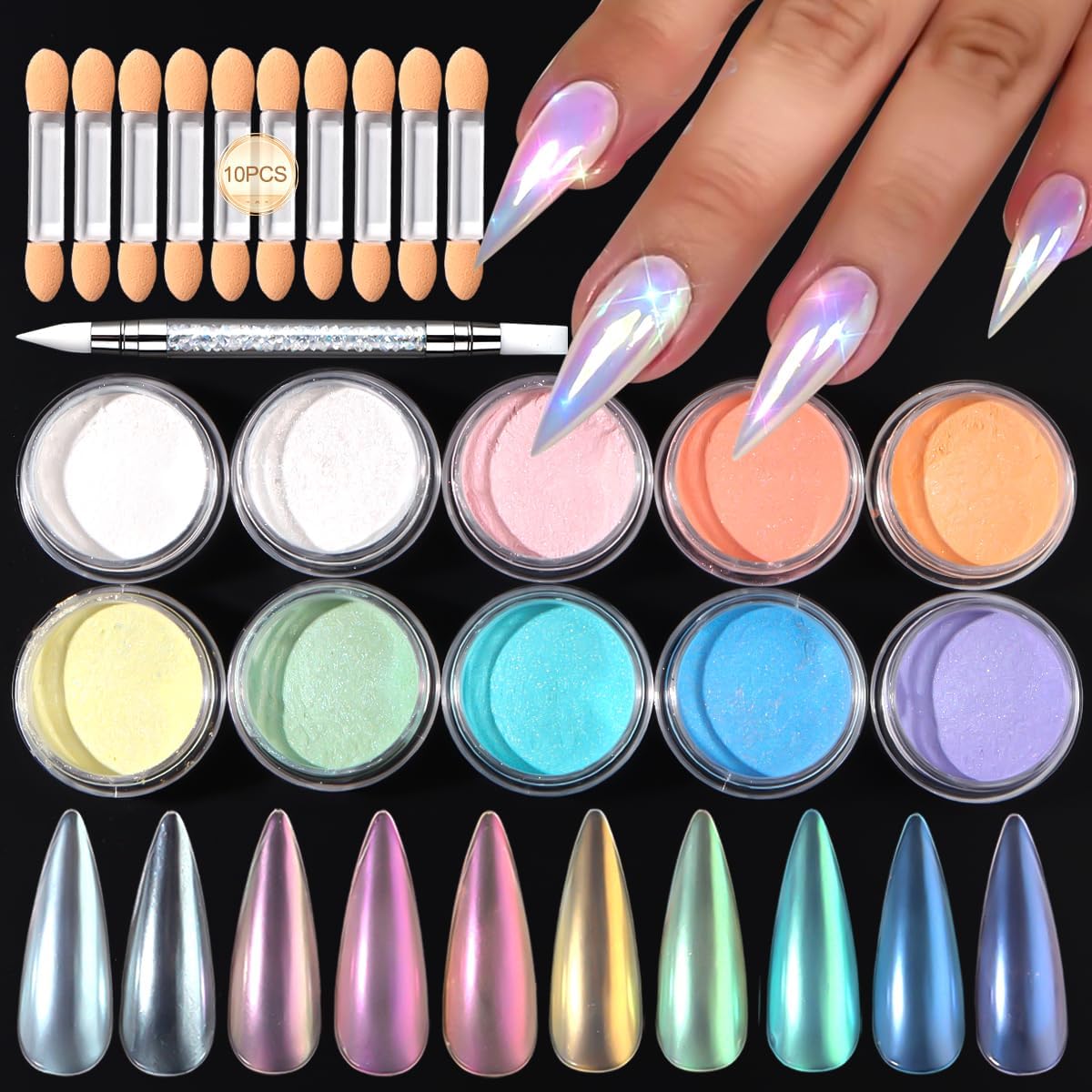 SUTOZMIWE 10 Colors Mermaid Pearl Chrome Nail Powder