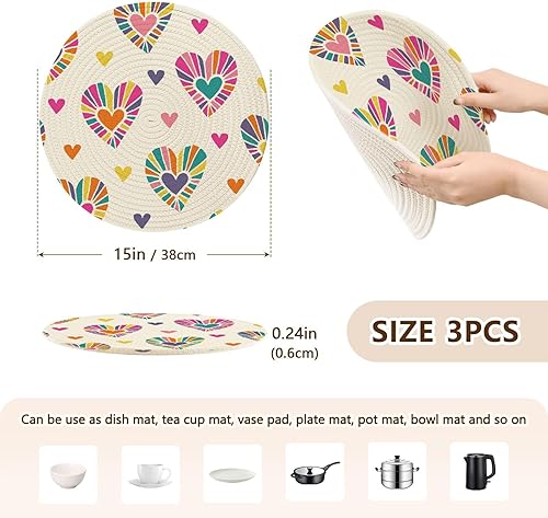 Miniatura 2 de Valentine's Day Hearts Trivets for Hot Dishes Holiday Rainbow Round Trivet Mat Hot Pots Pans Place Mats Pot Holder Set 3PCS Kitchen Decoration