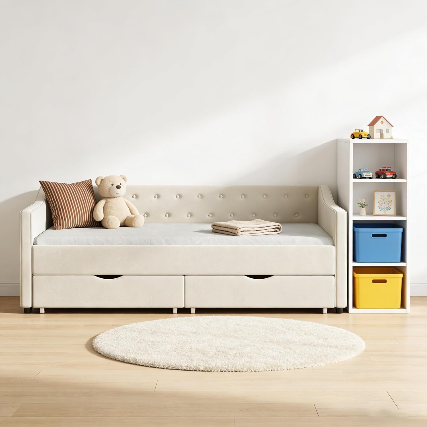 Twin Size Daybed with Drawers,Linen Fabric Day beds w/Storage & Button on Back and Piping on Waved Shape Arms,Upholstered Tufted Sofa Bed for Living Room, Bedroom, and Guest Room,Beige