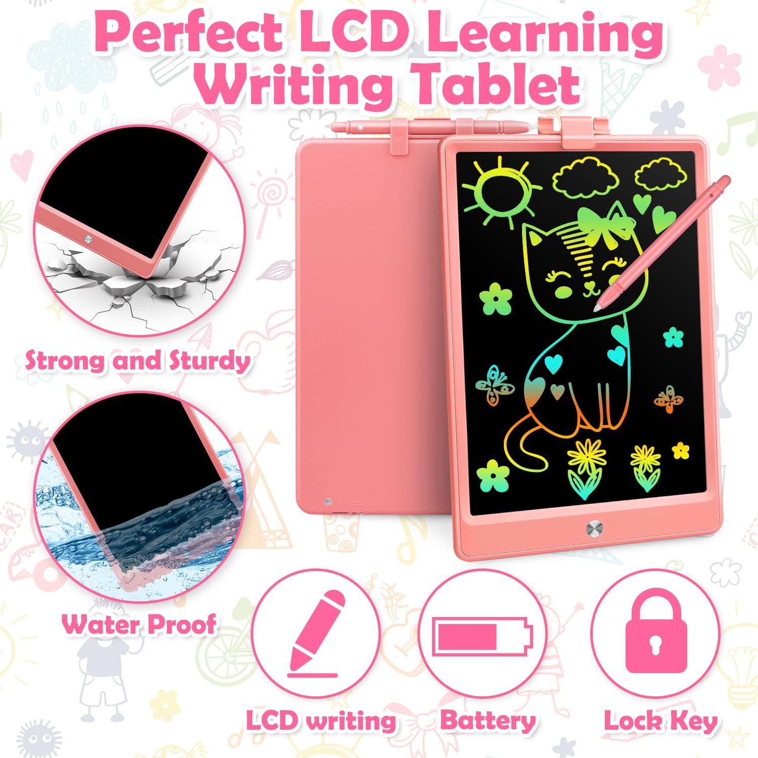 11 Inch LCD Writing Tablet Toys for 3 4 5 6 7 8 Year Old Boys Girls Gifts, Colorful Drawing Board Writing Doodle Pad, Portable Scribbler Boards Educational Toys Gifts for Kids Learning (Pink)