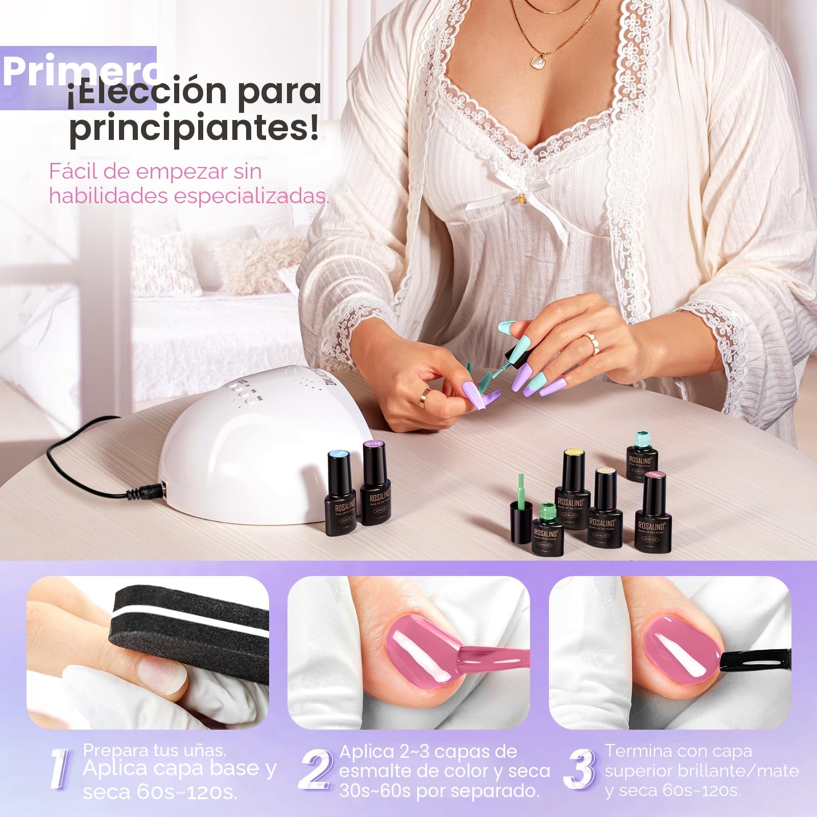 ROSALIND Uñas Semipermanentes Kit Completo Lámpara 48W, 32+4 Piezas Kit Uñas Semipermanentes Blanco Verde Morado Azul Marrón Gris Pintauñas Gel Manicura Regalo