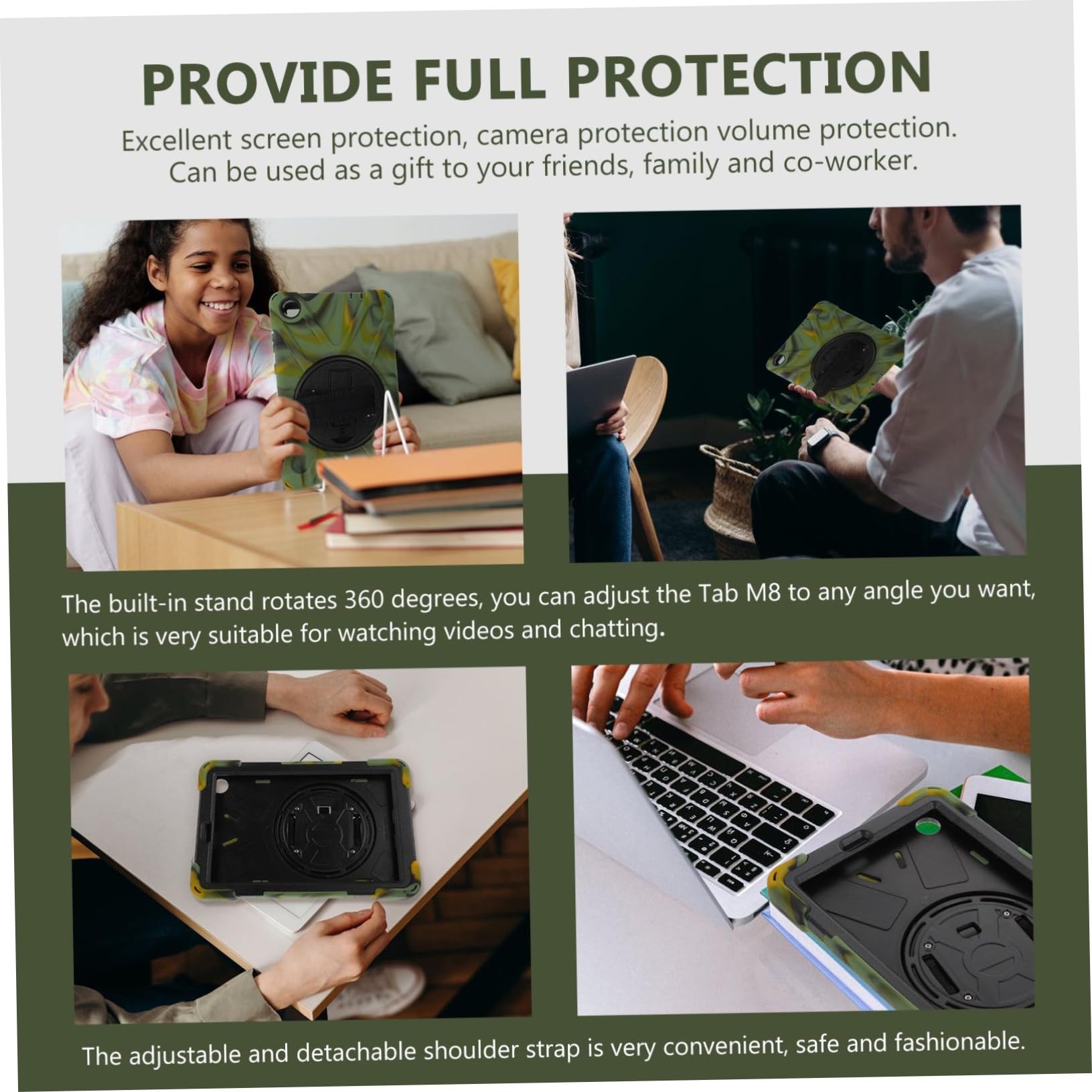 Funda Protectora para Tablet Tab M8 8 Soporte Giratorio 360°, Silicona Resistente, Diseño Camuflaje, Estuche para Transporte Escolar y Diario