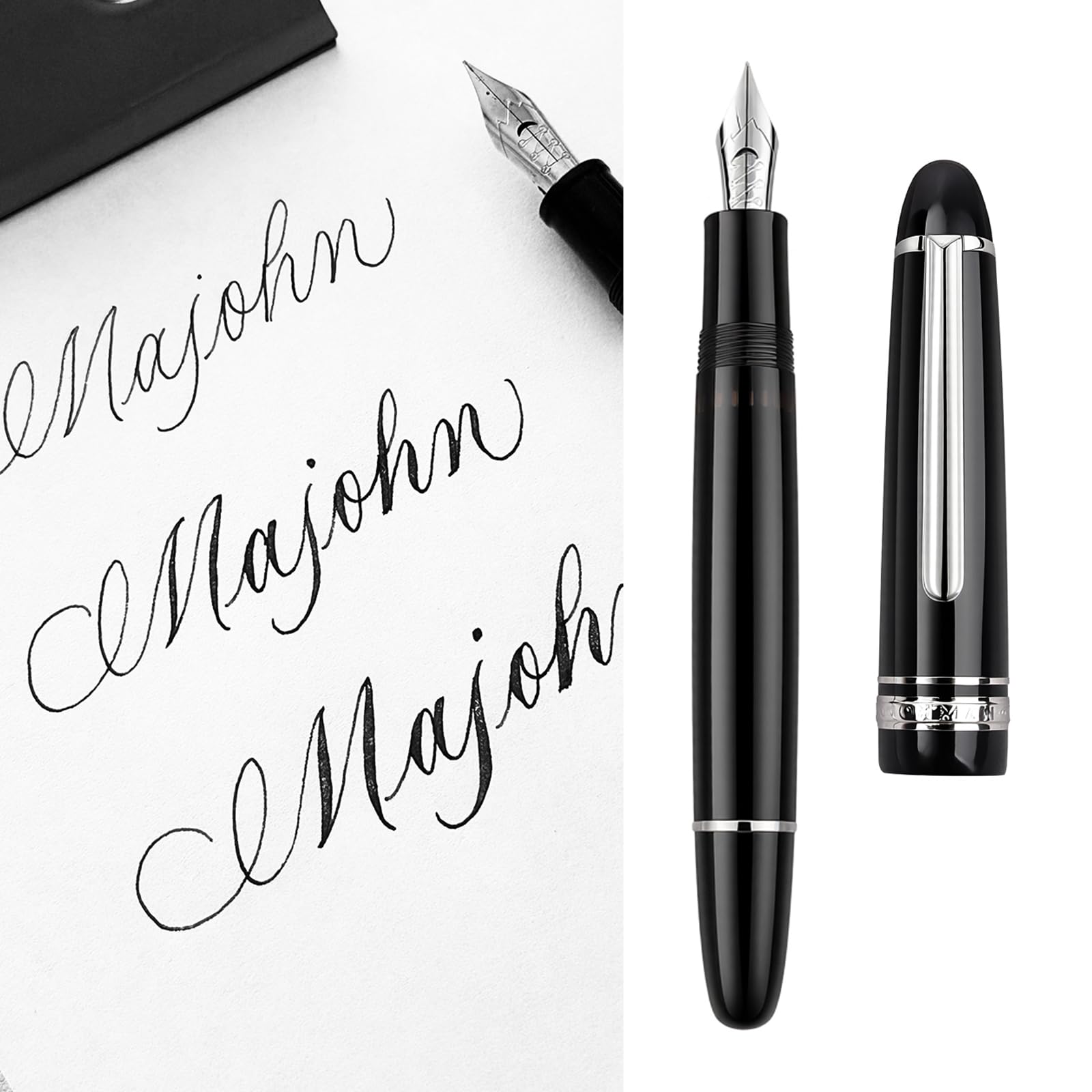 MAJOHN P139 P138 P136 Klassischer Füllfederhalter mit flexibler Feder, flexible Feder, Weichheit, Flexare-Modifikation, Schreibstift, ES ER (Schwarz, Silber, Flexfeder (0,4–2,0 mm)