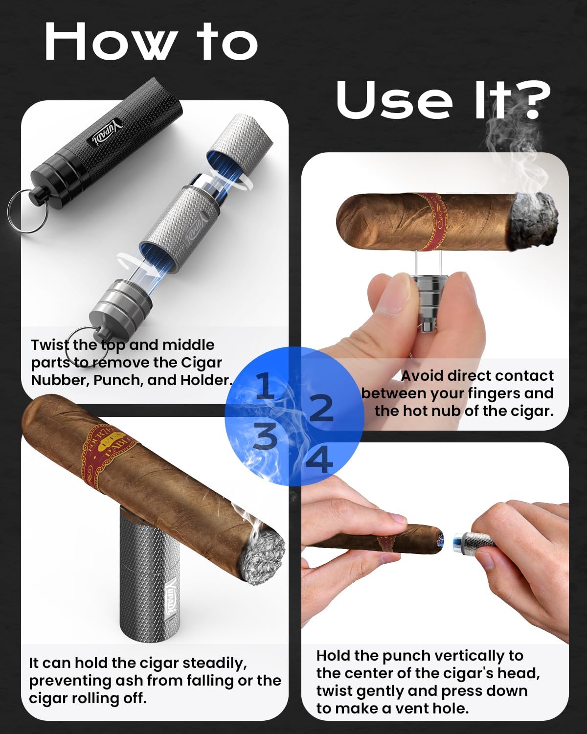 2-Pack 3-in-1 Cigar Punch Accessories Kit, with Cigar Punch, Cigar Nubber, Cigar Holder - Compact Size Fits All Cigar, Easy Carry with Key Ring, Great Gifts for Men