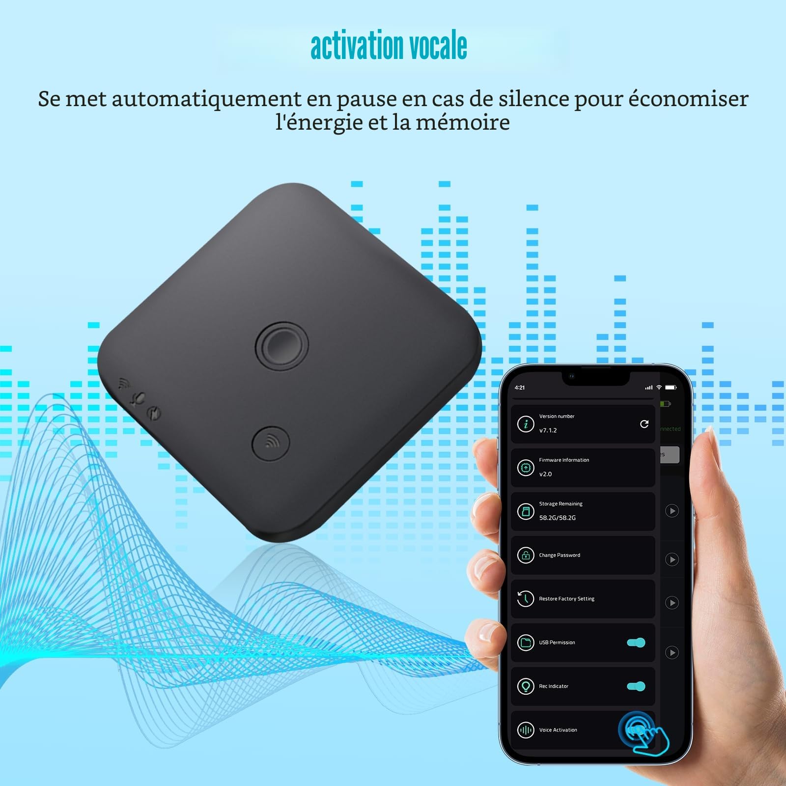 Dictaphone Enregistreur Vocal - Enregistreur Vocal IA avec Transcription et Résumés avec ChatGPT 4o, 64 Go, Supporte 102 Langues, Contrôle Via Application, Idéal pour Réunions, Entretiens et Appels