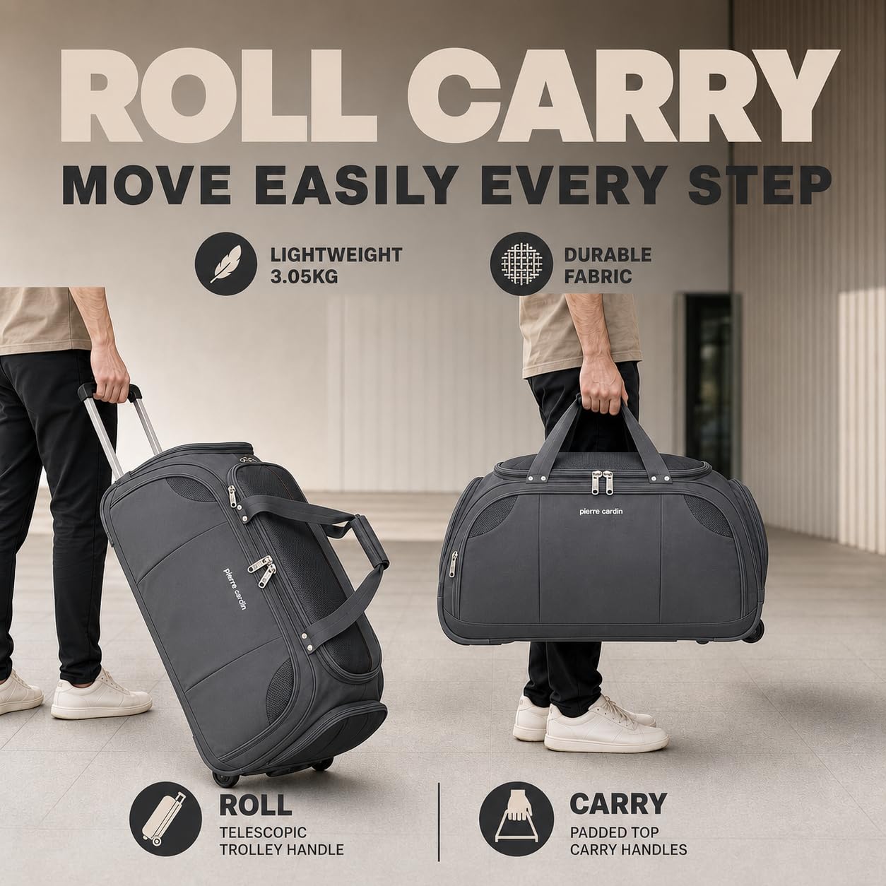 Bolsa de Lona con Ruedas Grande y Ligera Pierre Cardin, con Ruedas Estilo Scooter probadas a presión, opción de Carrito de Arrastre, Bolsa Deportiva de Viaje CL769 (Large 30", Gris)