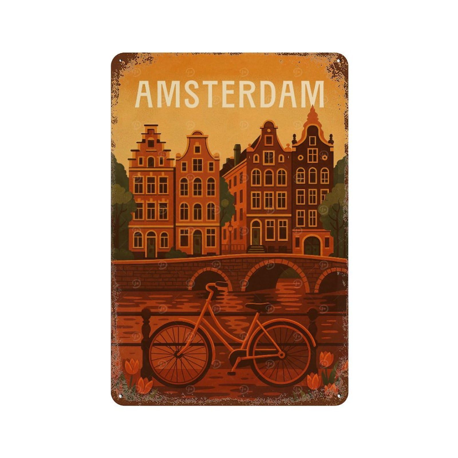 Amsterdam Travel Poster – Canals, Bikes & Tulips Vintage Rust Metal Sign 11.8"x7.9", Ideal for Cafe, Home Bar And Lounge Decor