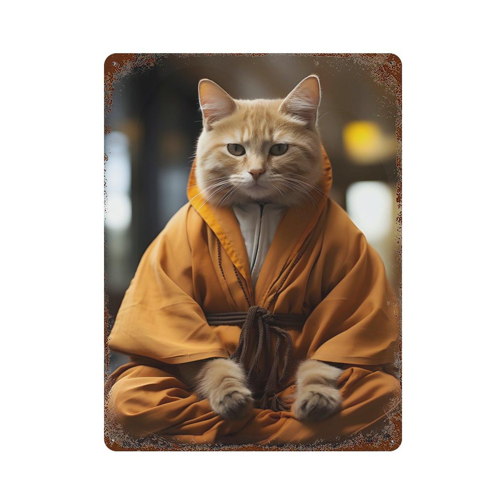 Zen Cat Monk Rusty Metal Tin Sign 15.7"x11.8", Industrial Home Decor for Garage, Pub Or Kitchen